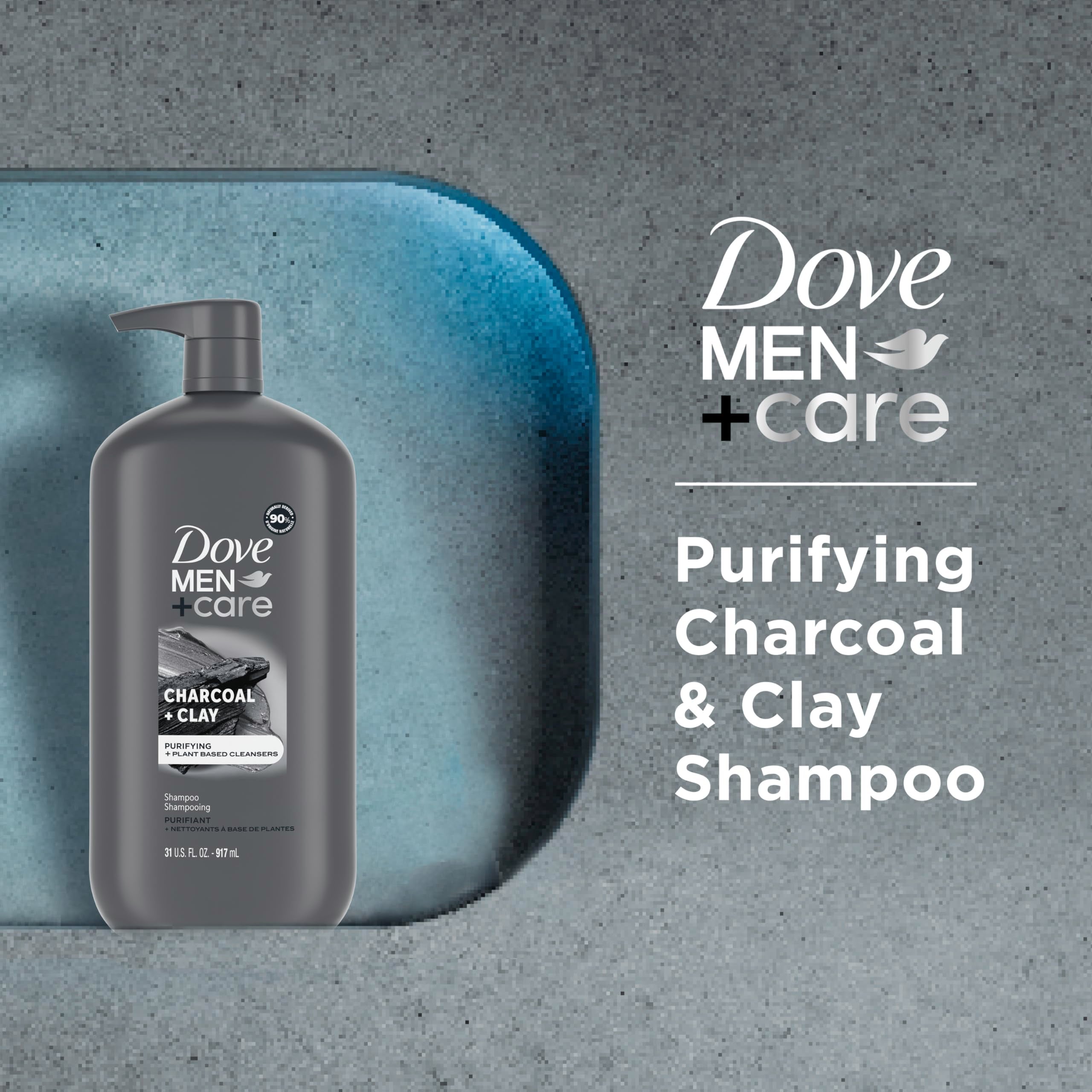 DOVE MEN+CARE DV M SH Charcoal Pump Purifying Shampoo Charcoal + Clay for Stronger, More Resilient Hair, with Plant-Based Cleansers, 31 oz