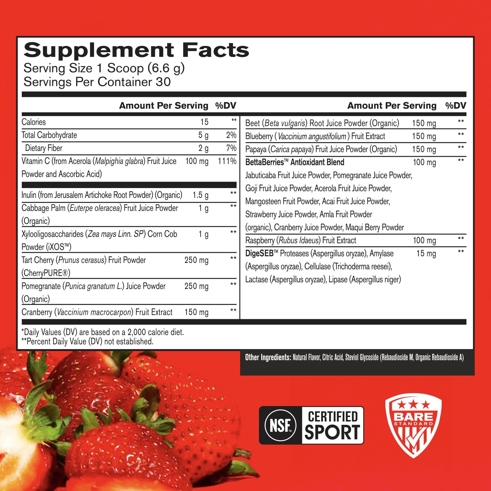 BARE PERFORMANCE NUTRITION, BPN Strong Reds Superfood Powder, Digestive Enzymes, Antioxidants, Improved Natural Energy, 30 Servings, Strawberry