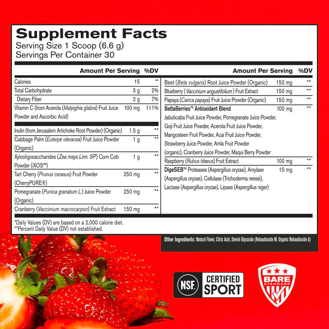 BARE PERFORMANCE NUTRITION, BPN Strong Reds Superfood Powder, Digestive Enzymes, Antioxidants, Improved Natural Energy, 30 Servings, Strawberry
