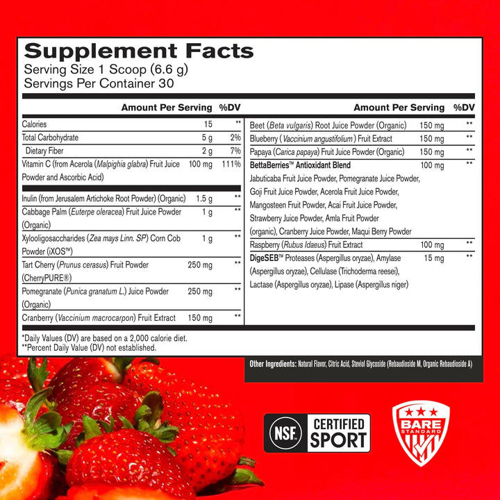 BARE PERFORMANCE NUTRITION, BPN Strong Reds Superfood Powder, Digestive Enzymes, Antioxidants, Improved Natural Energy, 30 Servings, Strawberry