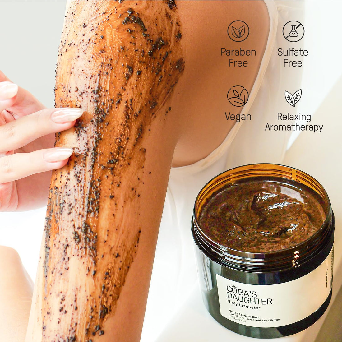 COBA'S DAUGHTER 100% Robusta Coffee Body Scrub with Matcha & Shea Butter | Exfoliate, moisturize skin and Reduce stretch marks and cellulite | Safe for pregnancy | Vegan & Clean Beauty (10.6 Oz)