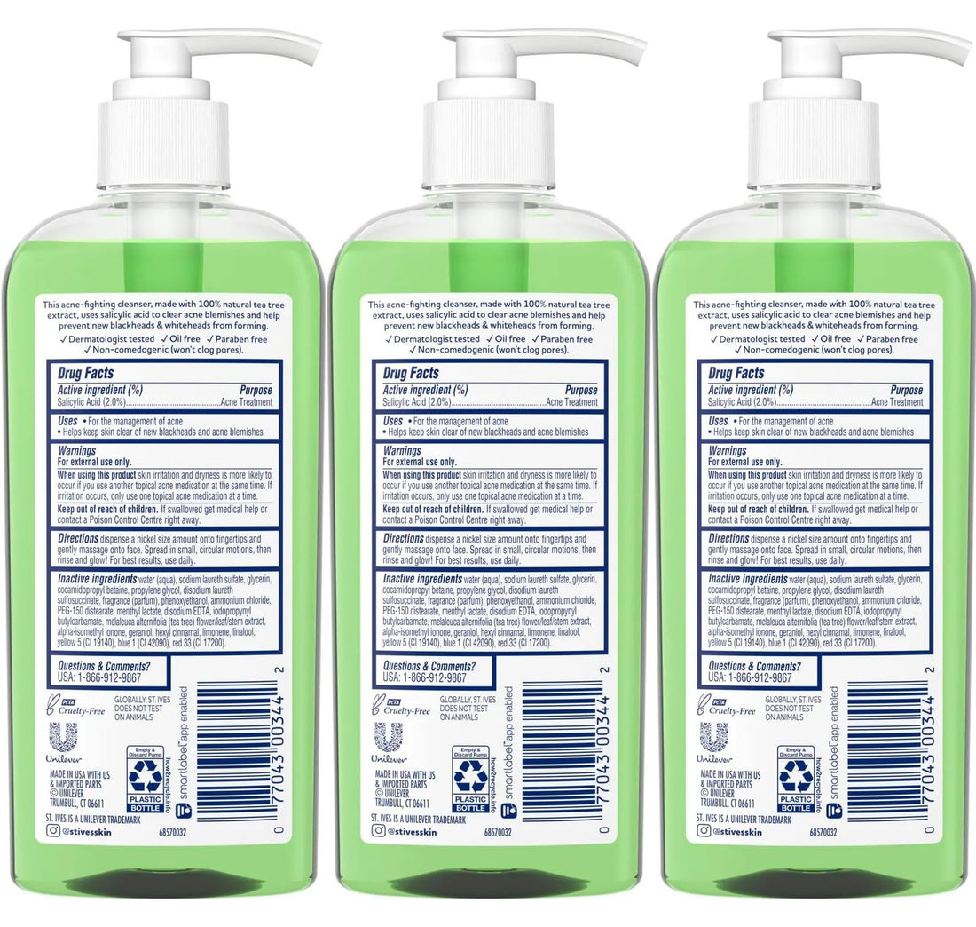 St. Ives Acne Control Face Cleanser Skin Care with 2% Salicylic Acid, and 100% Natural Tea Tree Extract 8 oz (Pack of 3)