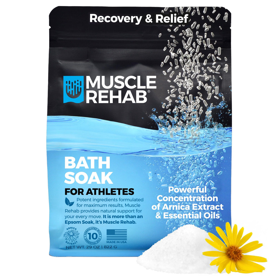 Muscle Rehab: Arnica Infused USP Epsom Salts for Soaking for Pain- 29oz Bag Muscle Recovery Magnesium Bath Soak with Essential Oils, and Turmeric - Ease Tired Muscle & Joint Soother, Foot Baths