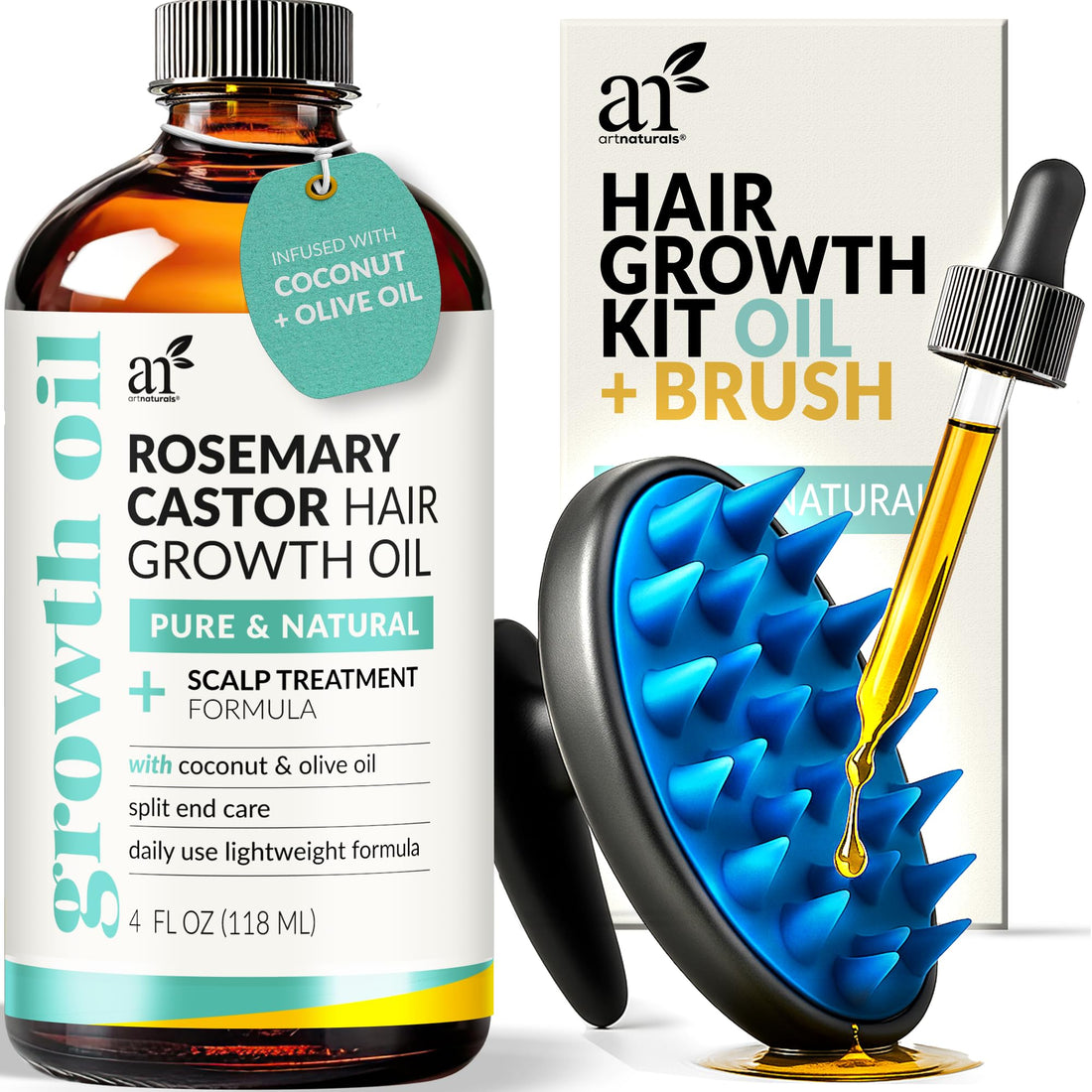 ArtNaturals Organic Rosemary & Castor Hair Growth Oil + Scalp Massager Set – Hair Relaxer for Dry, Itchy Scalp, Thickening & Hydration - Scalp Oil Products For Damaged Hair & Split Ends – 4.0 oz