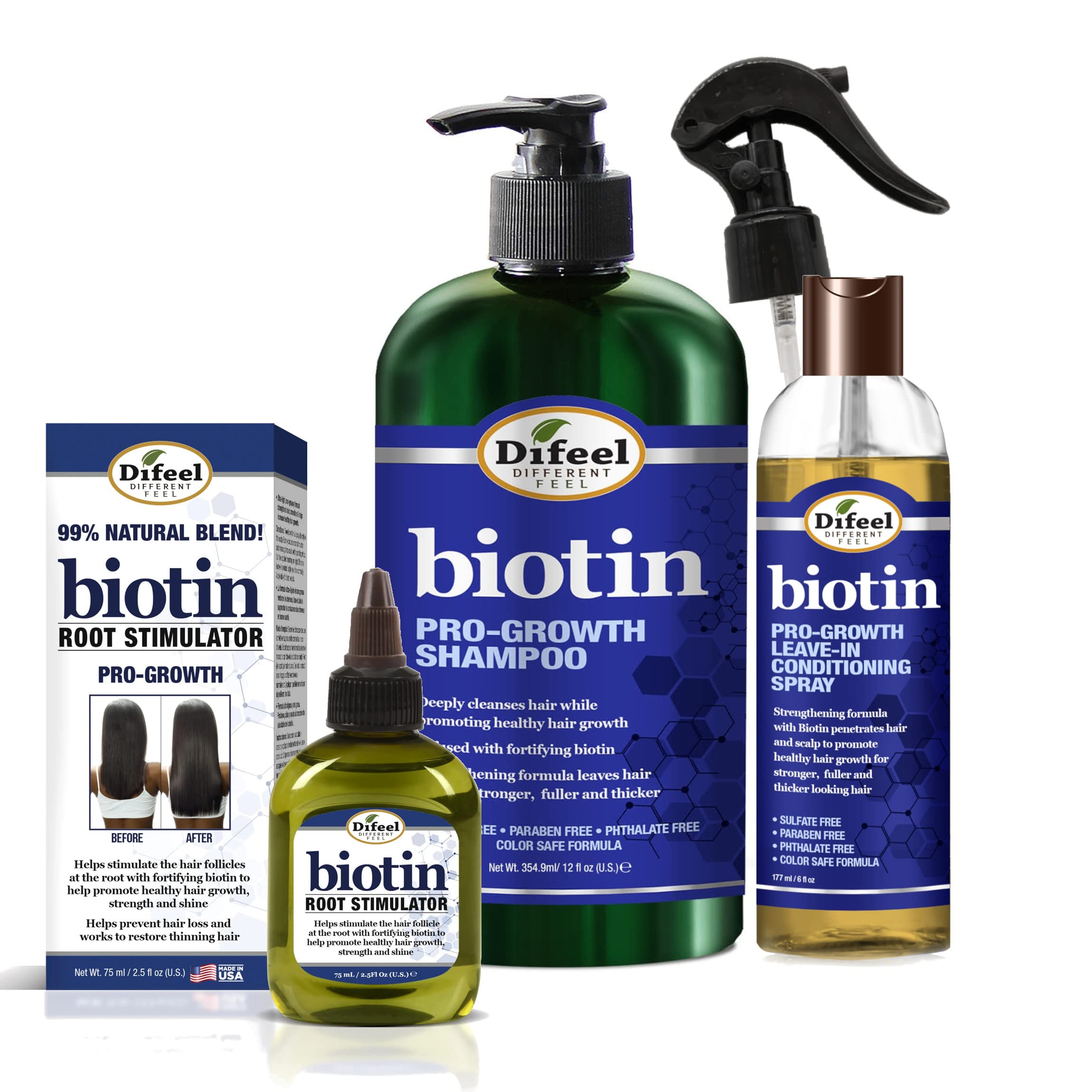 Difeel Biotin 3-PC Cleanse and Treat Hair Growth Collection - Includes 12oz Shampoo, 6oz Leave in Conditioner, 2.5oz Biotin Root Stimulator Treatment