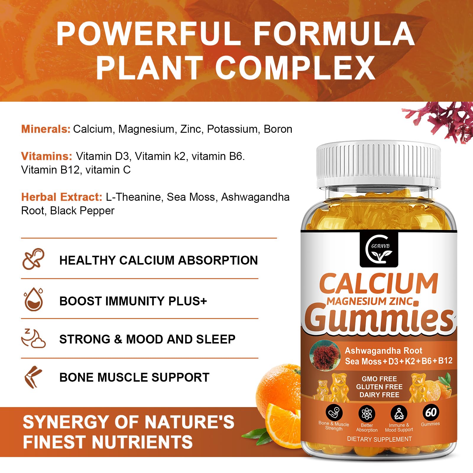 1200mg Calcium Gummies with Vitamin D3,K2,B12 & B6 - Plant Complex Calcium Magnesium Supplement with Glycinate,Potassium,Sea Moss,Ashwagandha Root for Bone & Teeth Strength, Muscle & Immune