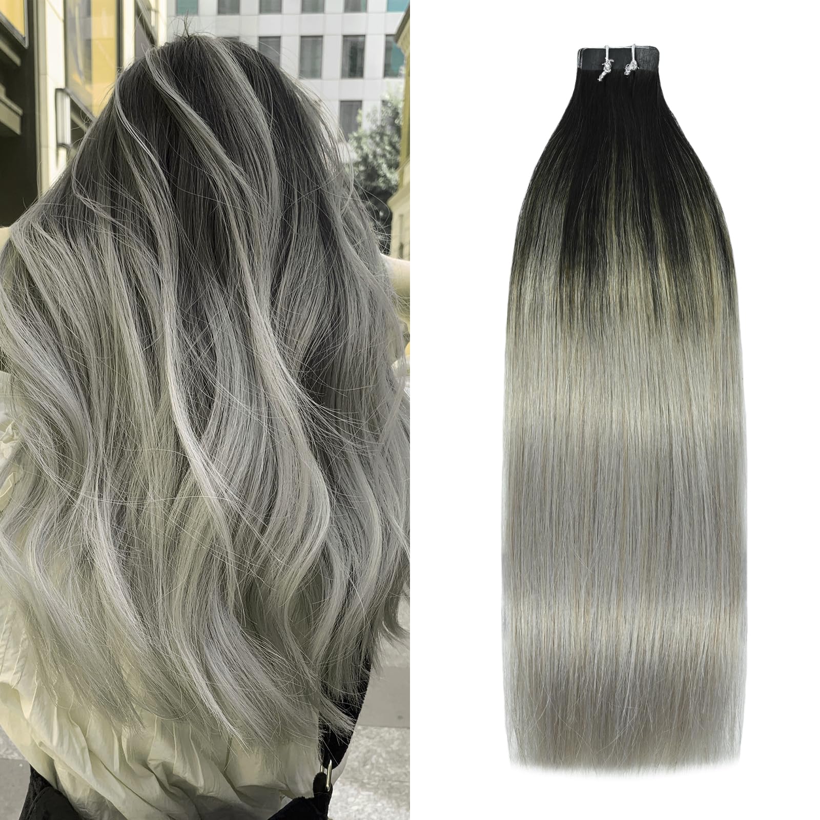 WindTouch Tape In Hair Extensions Human Hair Double Sided Tape Skin Weft Balayage Ombre Hair Natural Black Fading to Silver Ash Blonde Hair Extensions Remy Hair #1btGray 50g 16Inch 20PCS Thick