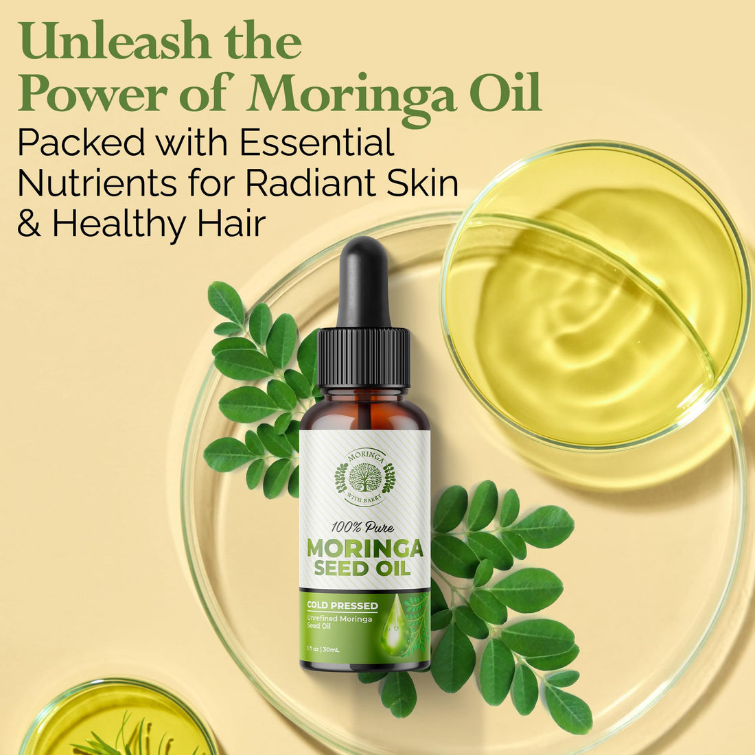 Moringa Seed Oil – 100% Pure, Cold-Pressed & Virgin, Unrefined Non-GMO Vegan Oil, Ultra-Hydrating Moisturizer for Dry Skin, Damaged Hair & Body, Anti-Aging, Ideal Carrier Oil