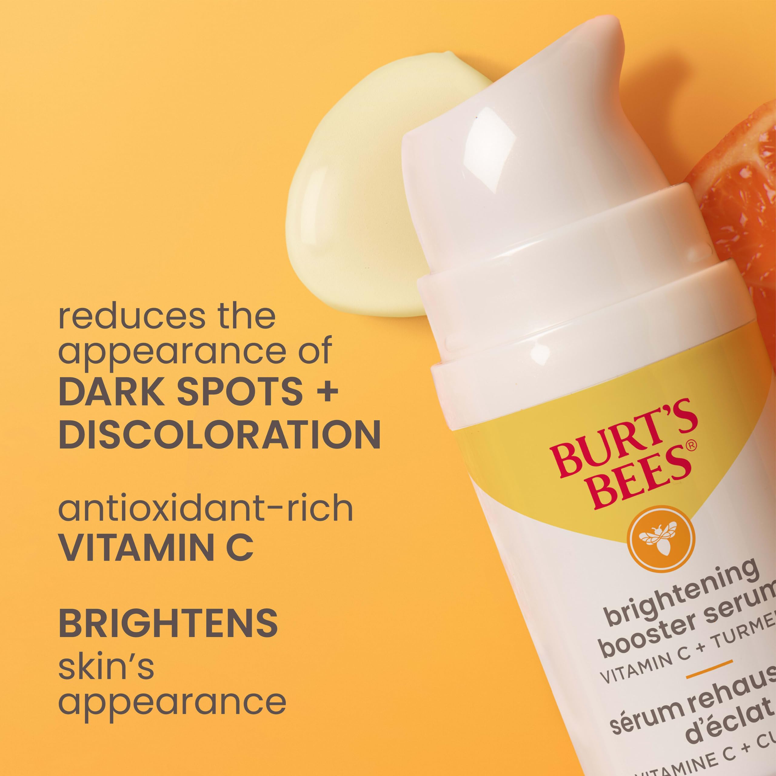 Burt's Bees Vitamin C Turmeric Face Serum, Brightens Skin & Visibly Reduces Dark Spots, Fine Lines & Wrinkles, Naturally Hydrating, Lightweight - Brightening Booster (1 oz)