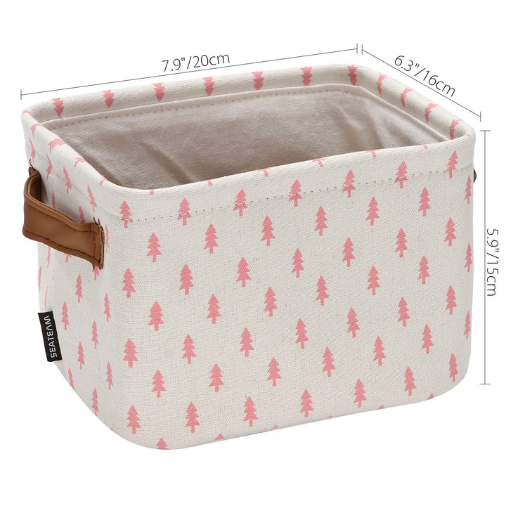 Sea Team Collapsible Small Canvas Fabric Storage Basket with Handles, Square Mini Storage Box, Cube, Foldable Shelf Basket, Closet, Desk Organizer for Nursery, Home, Office (Pink, Set of 4)