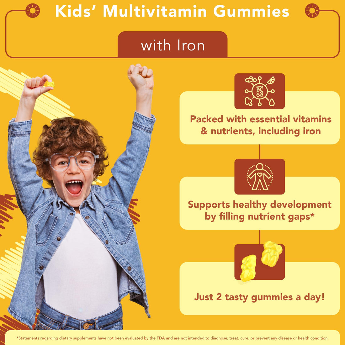 GOJOY NATURALS Picky Eater Kids Multivitamin Gummies with Iron - Sugar Free Chewable Iron Supplement for Toddlers & Children 3 & Up - Essential Kids Vitamins for Growth & Development