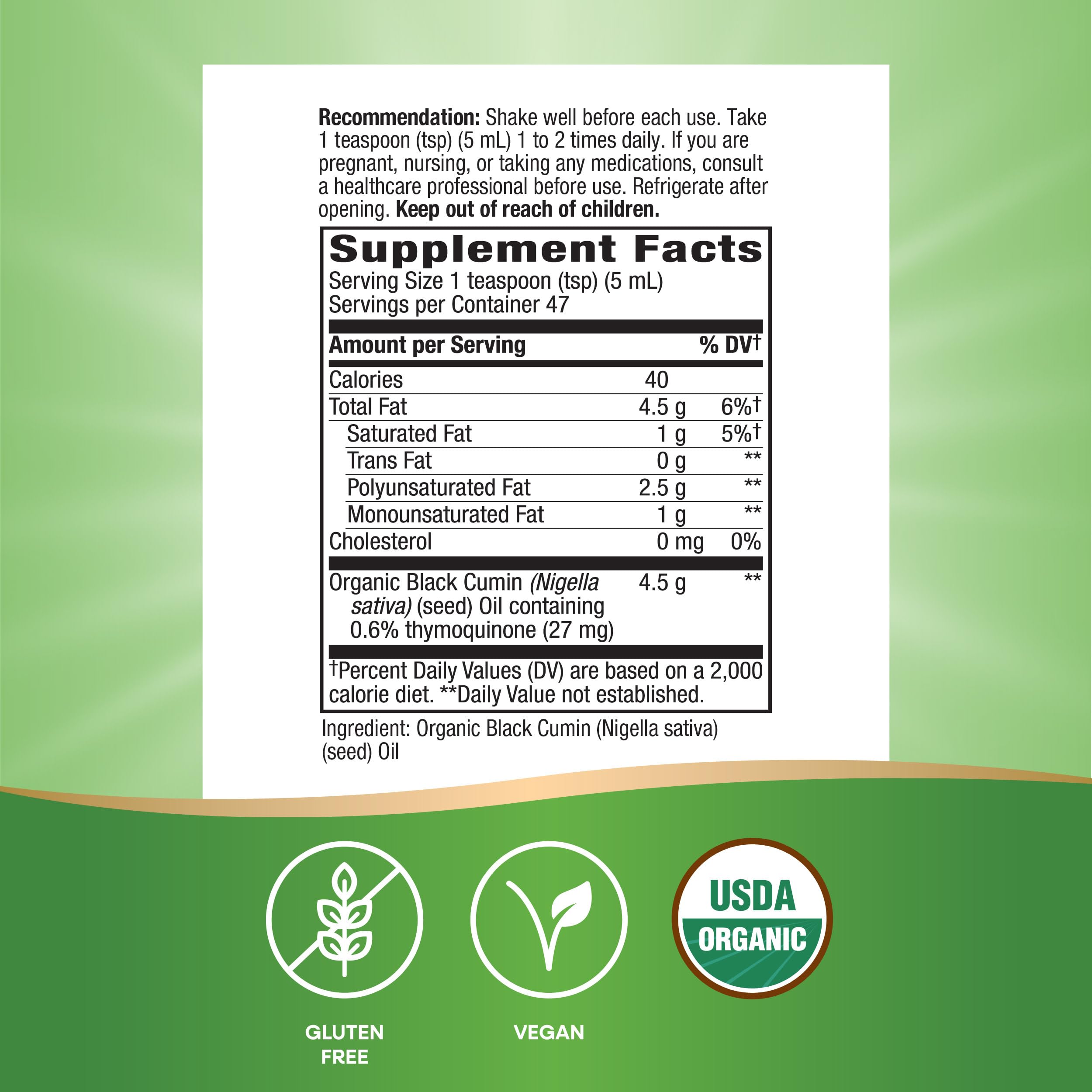 Nature's Way Organic Black Seed Oil, Supports Antioxidants Pathways*, Cold-Pressed, Vegan, Gluten Free, 8 fl oz (Packaging May Vary)