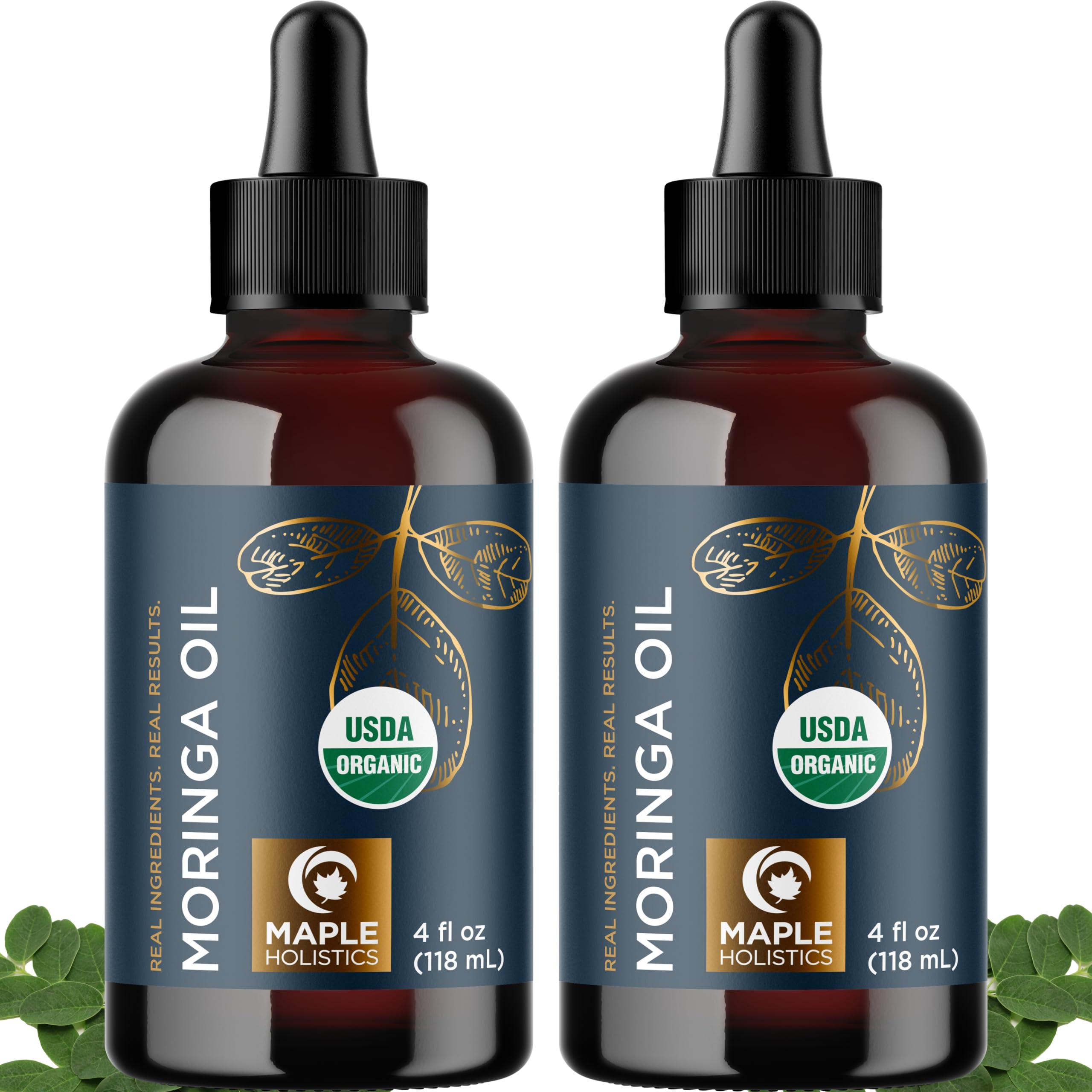 Organic Moringa Oil for Hair and Skin - Cold Pressed Virgin Unrefined Natural Pure USDA Organic Hair Oil for Dry Damaged Hair and Ultra Hydrating Face Oil - Carrier Oil for Essential Oils (2 Pack)