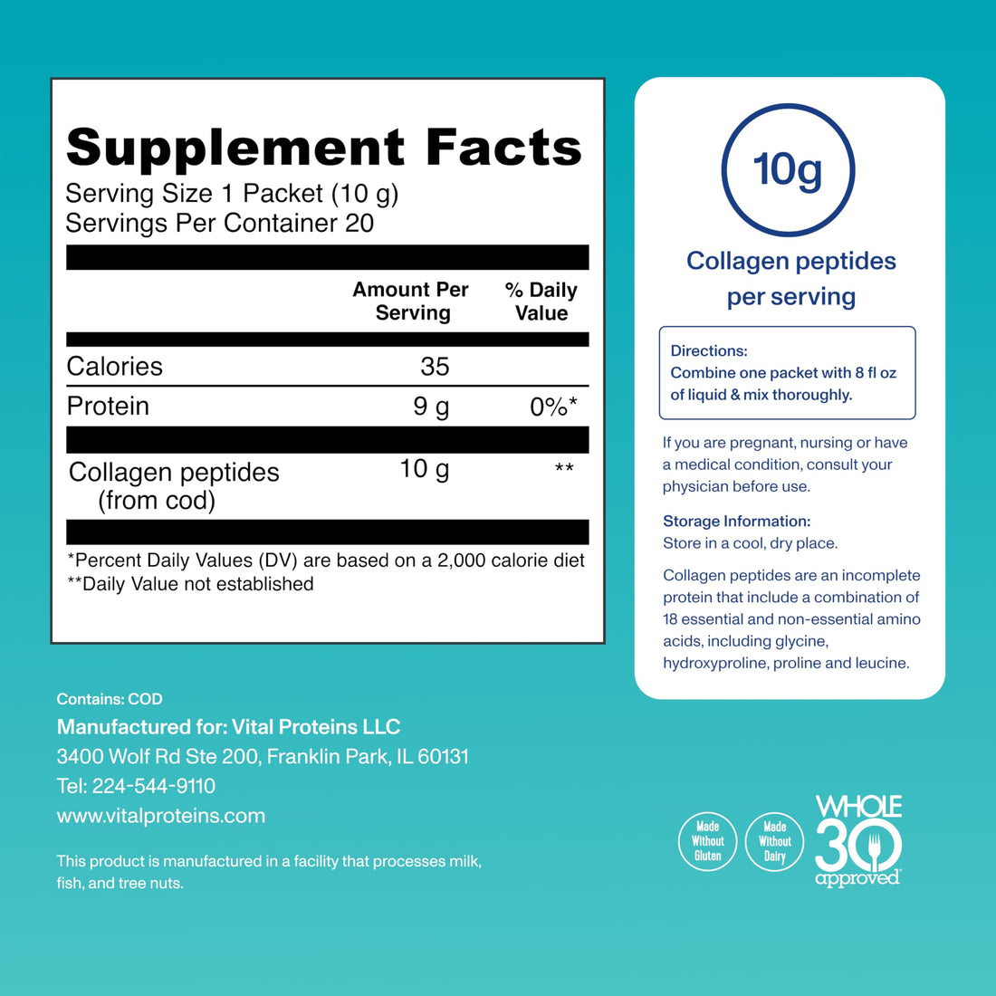 Vital Proteins Marine Collagen, Wild-Caught, Non-GMO Project Verified, Unflavored Stick Packs (10g) (Box of 20)