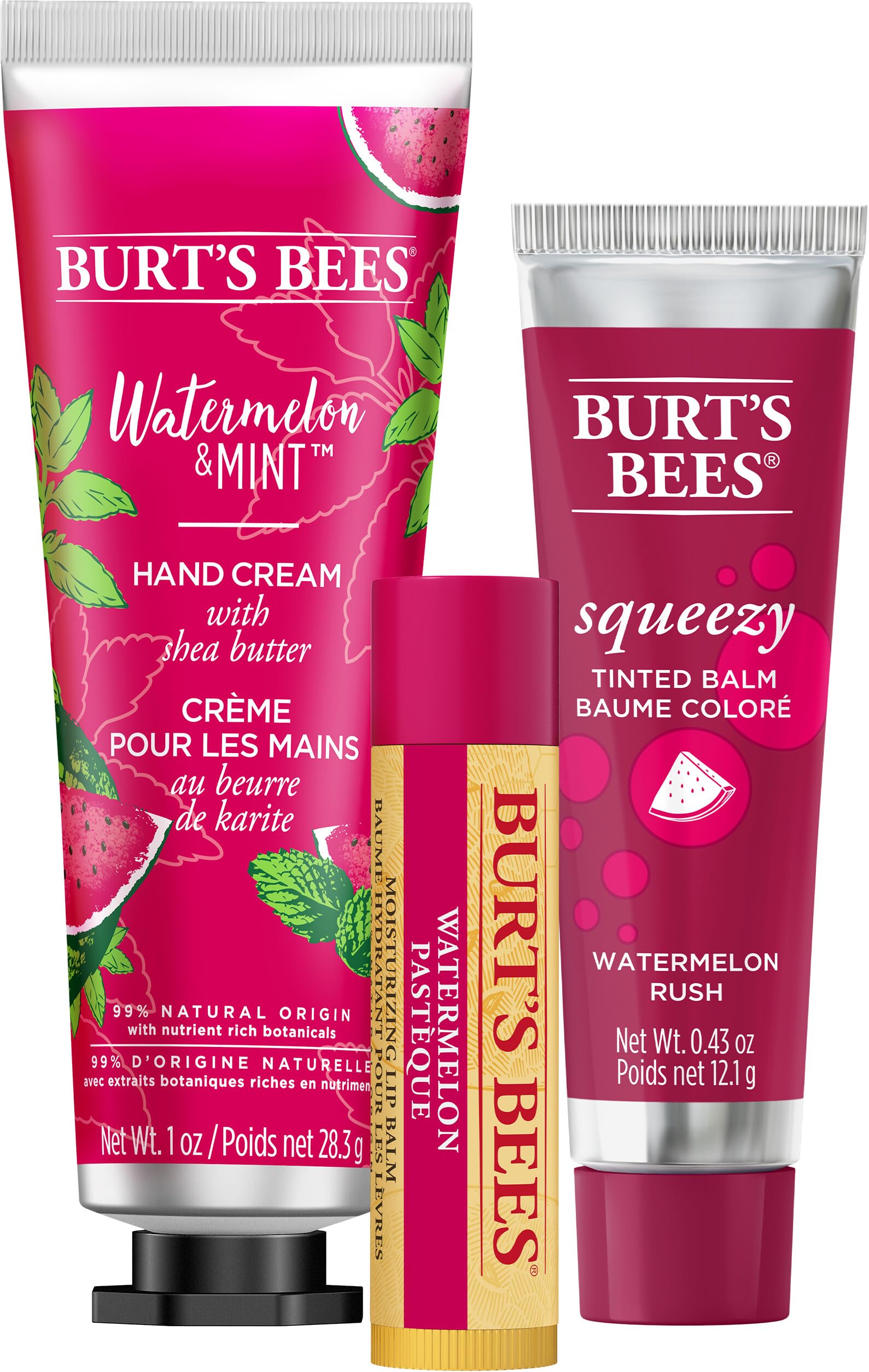 Burt's Bees Lip Balm, Squeezy Tinted Balm and Hand Cream Gift Set, Merry Melon, Ready to Give Holiday Gift, 1 Gift Set