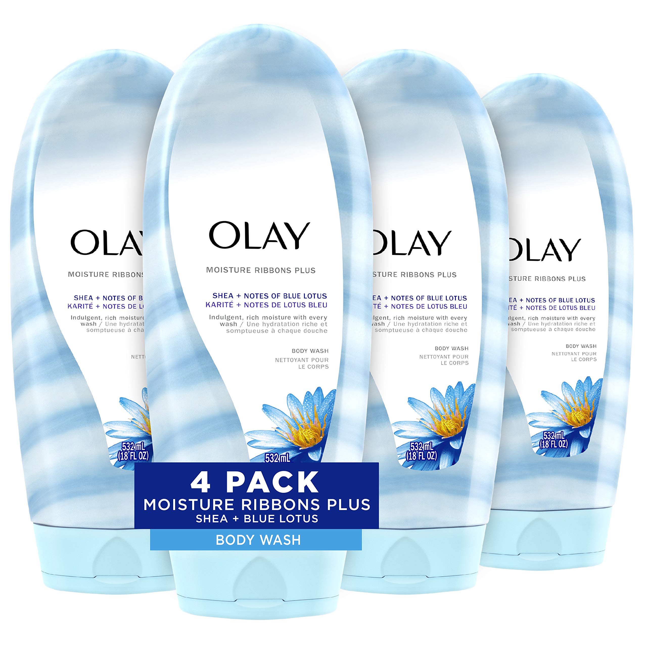 Olay Moisture Ribbons Plus Shea + Notes of Blue Lotus Body Wash, 18 Fl Oz, Pack of 4