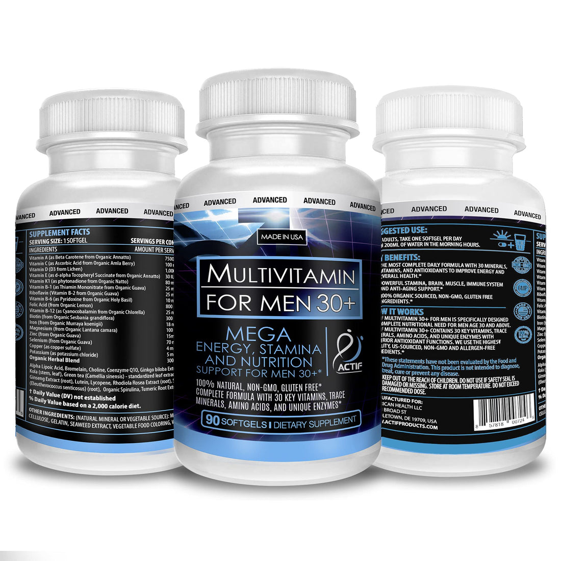 ACTIF Organic Multivitamin for Men Age 30+ with 30 Organic Vitamins and Organic Herbs, Non-GMO, Made in USA, 90 Count
