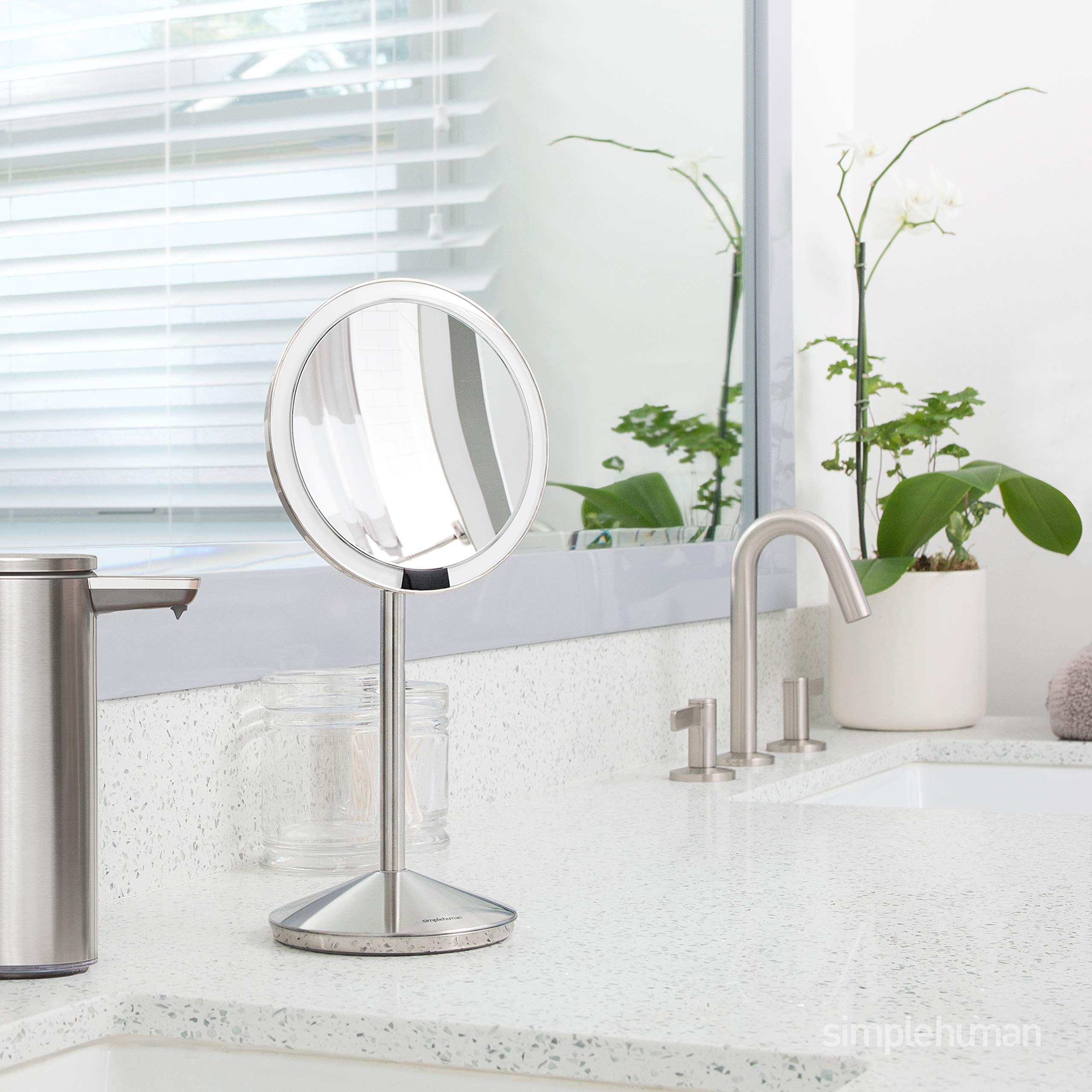 simplehuman Sensor Mirror, 5 Round Rechargeable Mini Travel Makeup Mirror, 10x Magnification, Brushed Stainless Steel