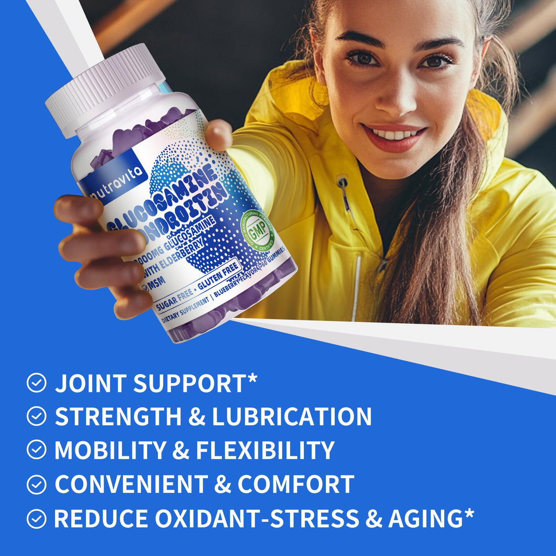 Nutravita Glucosamine Chondroitin Gummies with MSM & Elderberry Extra Strength - Joint Support, Antioxidant Immune Support Supplement for Adults, Men & Women.60 Blueberry Chews
