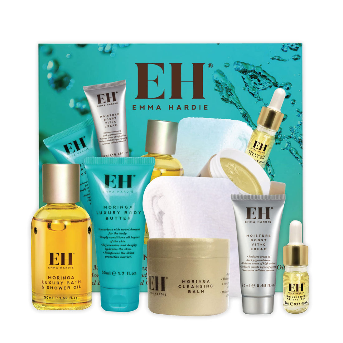 Emma Hardie 5pcs Amazing Travel Kit: 30ml Moringa Cleansing Balm, 50ml Moringa Luxury Bath & Shower oil, 50ml Moringa Luxury Body Butter, 20ml Moisture Boost Vit C Cream, 5ml Brilliance Facial Oil