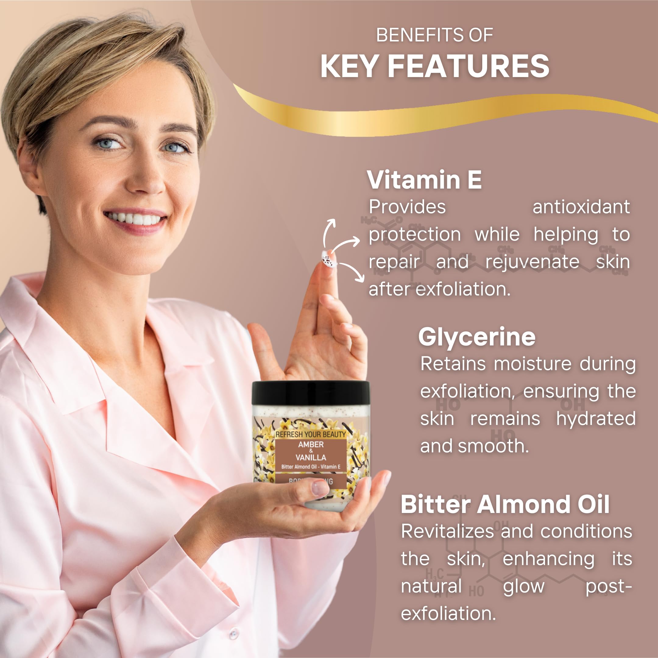 Oriense Body Scrub - Warm Vanilla & Amber Richness, Bitter Almond Oil, Nutshell & Apricot Kernel Granules and Vitamin E, Soft Peeling Effect, 16.9 fl.oz