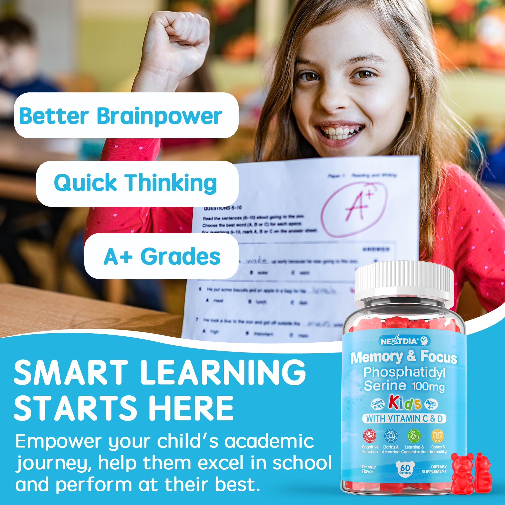 Phosphatidylserine Supplement 100mg, Focus Gummies for Kids Teens + Vitamin C & D3 400IU, Sugar Free Kids Brain Gummies Increase Attention & Concentration, Chewable, Vegan, Gluten Free, Non-GMO 2 Pack