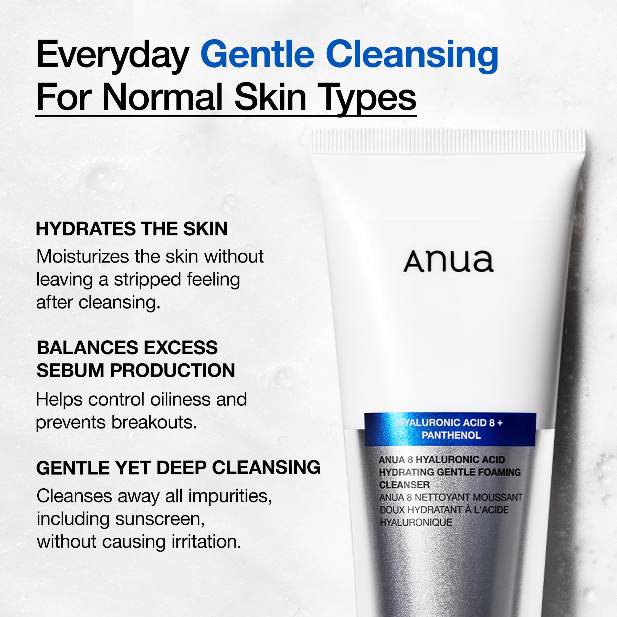 ANUA Hydrating Gentle Foaming Cleanser, Hyaluronic Acid, Glycerin, Zinc, Panthenol, Korean Face Wash for Dry Skin, for Double Cleansing, Korean Skincare (150ml/5.07fl oz.)