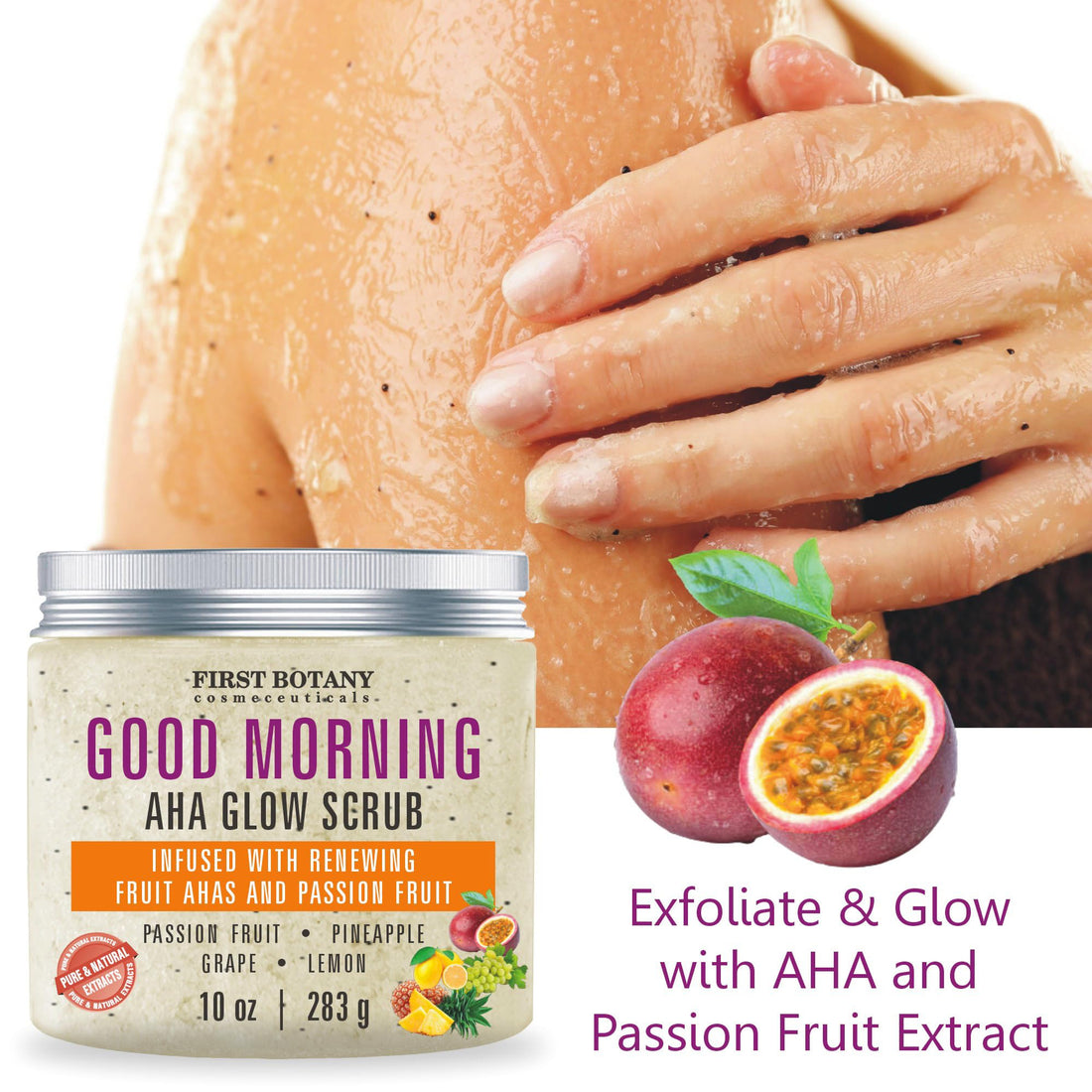 First Botany Body Scrub - Natural Exfoliating Salt Scrub & Body and Face Souffle helps with Moisturizing Skin, Acne, Cellulite, Dead Skin Scars, Wrinkles (10 fl oz, AHA Passion Fruit)