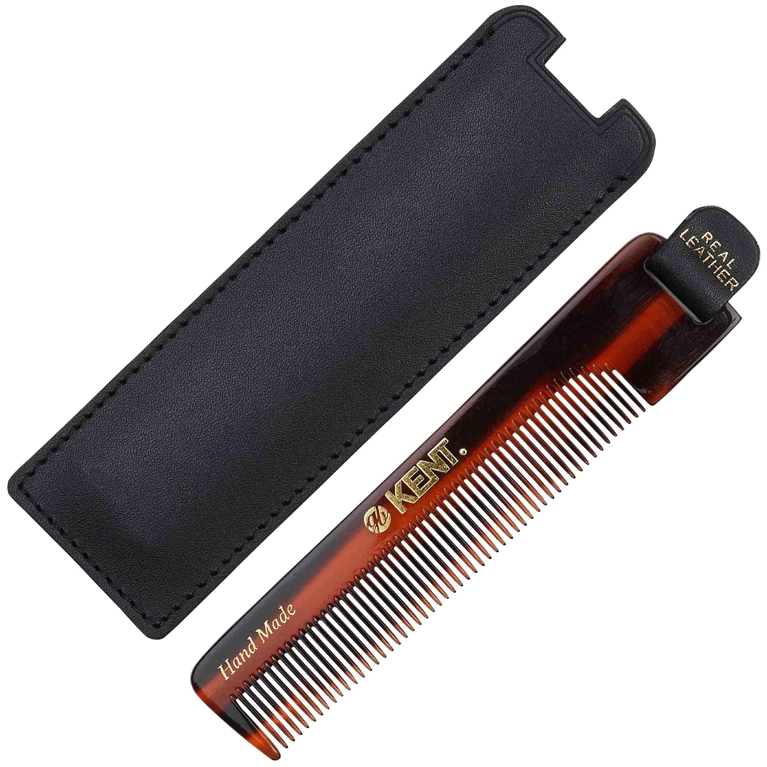 Kent Authentic Handmade Fine Comb With Leather tab and Leather Case, Dark Brown, 120mm