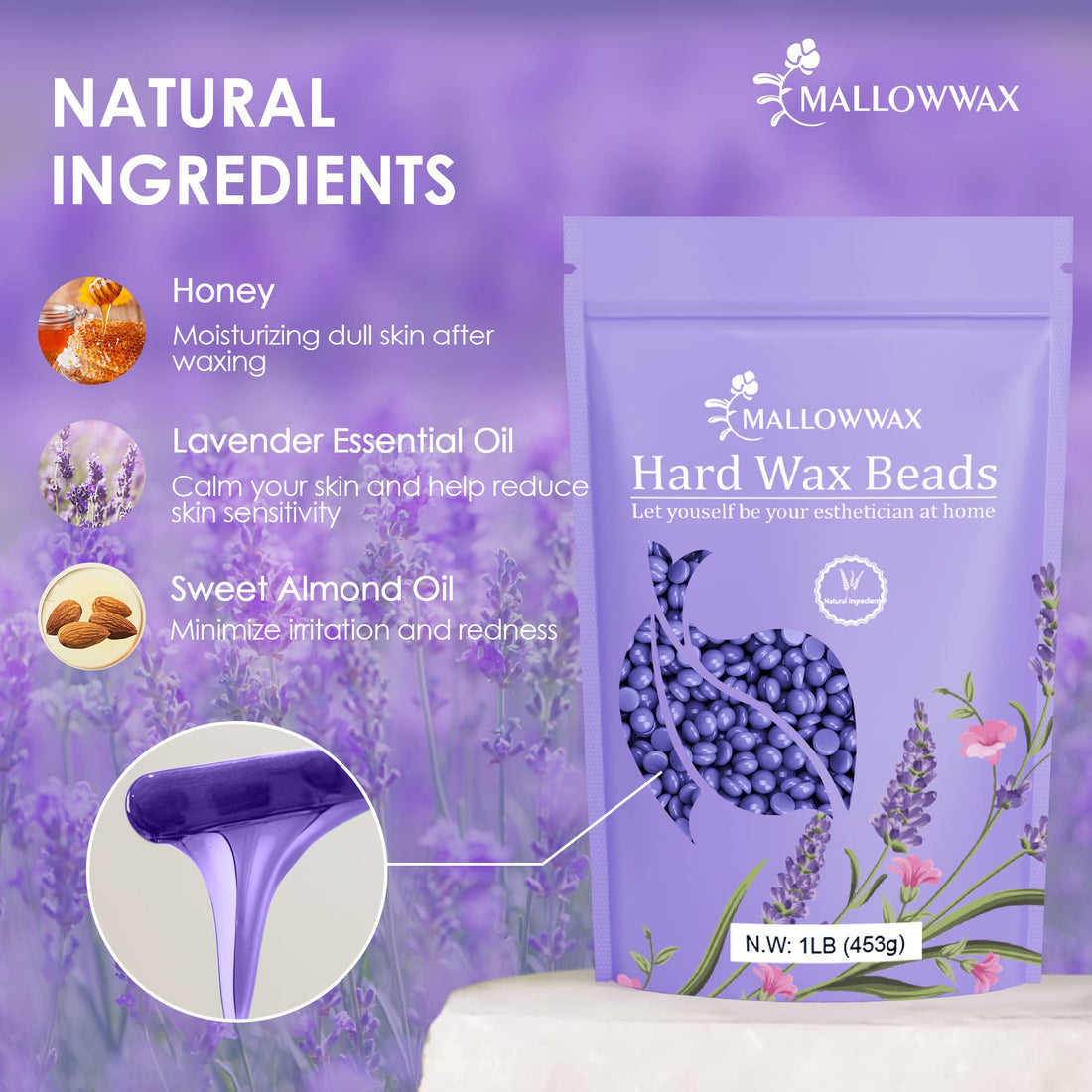 Mallowwax Hard Wax Beads, Wax Beans for Hair Removal, Natural Lavender, Stripless, Coarse Body Hair Specific - Ideal for Bikini, Brazilian, Legs, Underarms, Chest, 16 Ounce