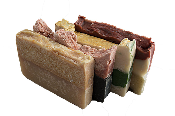Forrest Soap Set (4 Guest Bar Set)-all Natural Handmade Soaps with Earthy, Natural and Raw Experience!/1 Rose Clay and Himalayan Pink Salt, 1 Brazilian Mud with Lavender Buds, 1 Bamboo with Lilac Blossoms and 1 West Indian Bay Rum Soap Bars/ Set of 4