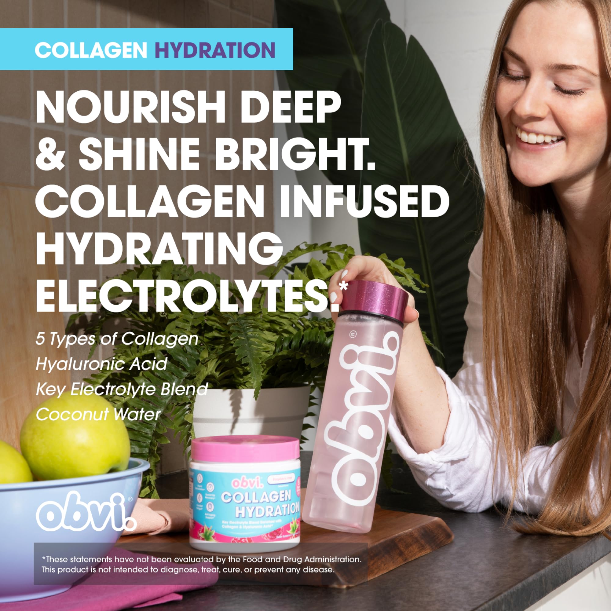 Obvi Hydration Powder | Electrolyte & Collagen Peptide Complex | 5 Types of Collagen with Hyaluronic Acid | Supports Skin Elasticity & Joint Health | Sugar-Free | Raspberry Rose, 30 Servings