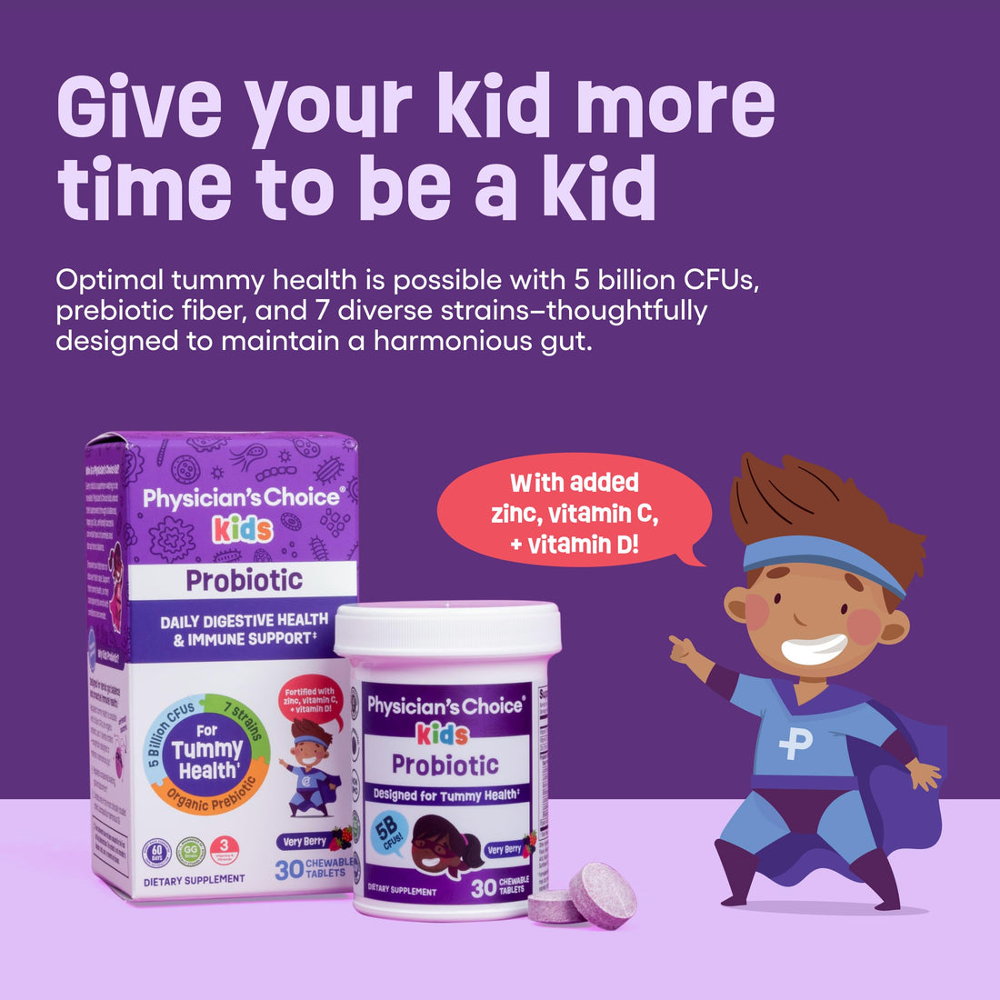 Physician's CHOICE Probiotics for Kids - 7 Diverse Strains, Organic Prebiotics, Vitamins & Minerals - Clinically Studied L. Rhamnosus GG - Immune & Digestive Support - No Sugar or Artificial Dyes