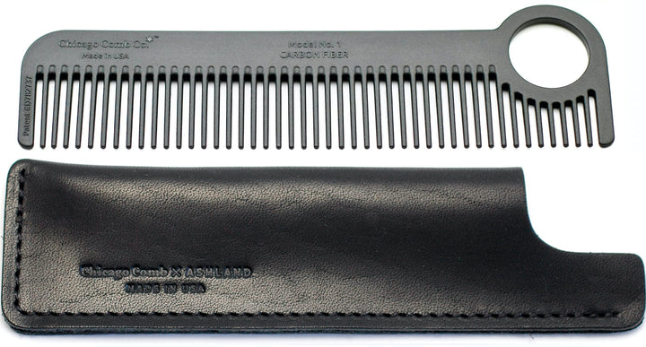 Chicago Comb Model 1 Carbon Fiber Comb + Dublin Black Horween leather sheath, Made in USA.