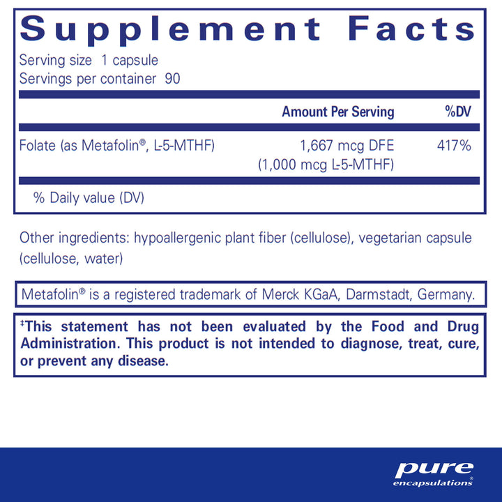 Pure Encapsulations Folate 1000 - Metafolin L-5-MTHF - Heart Health Supplement* - Folate Supplement - Non-GMO & Gluten Free - 90 Capsules