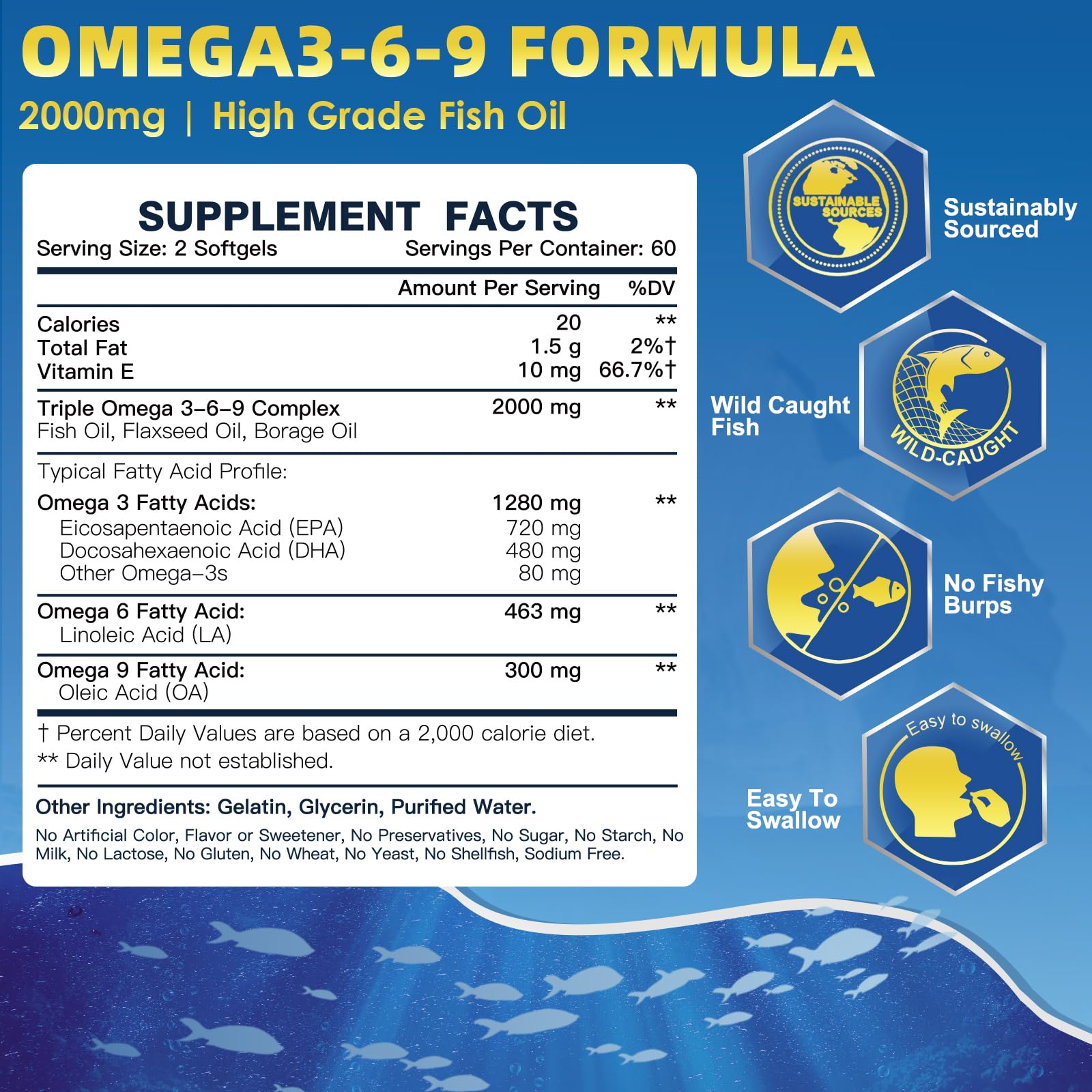 Triple Omega 3-6-9 Fish Oil 2000mg with Vitamin E - EPA & DHA Fatty Acids Supplement - Supports Heart, Brain, Eye, Joint, Skin & Immune Health - Includes Flaxseed & Borage, Non-GMO, 120 Softgels