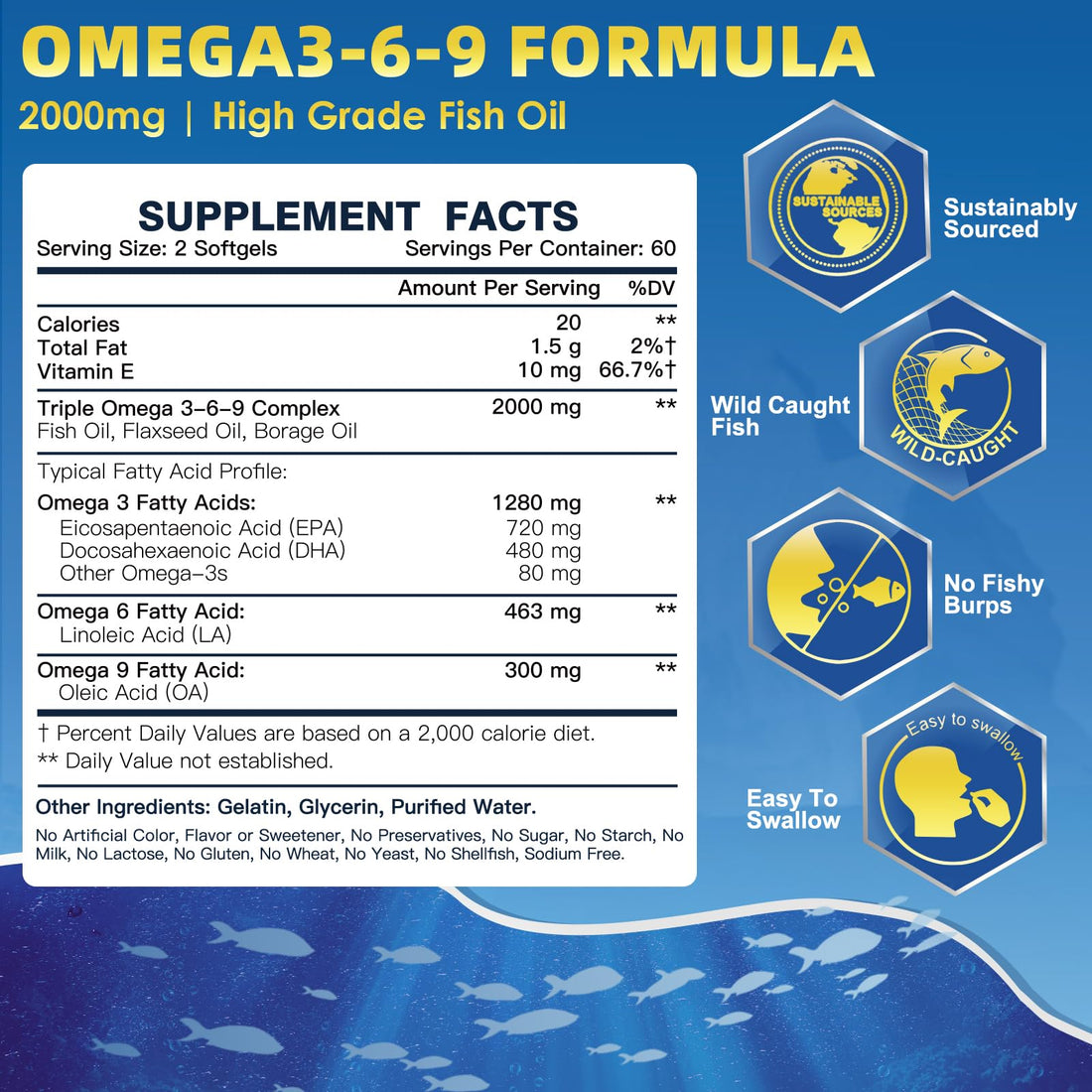 Triple Omega 3-6-9 Fish Oil 2000mg with Vitamin E - EPA & DHA Fatty Acids Supplement - Supports Heart, Brain, Eye, Joint, Skin & Immune Health - Includes Flaxseed & Borage, Non-GMO, 120 Softgels