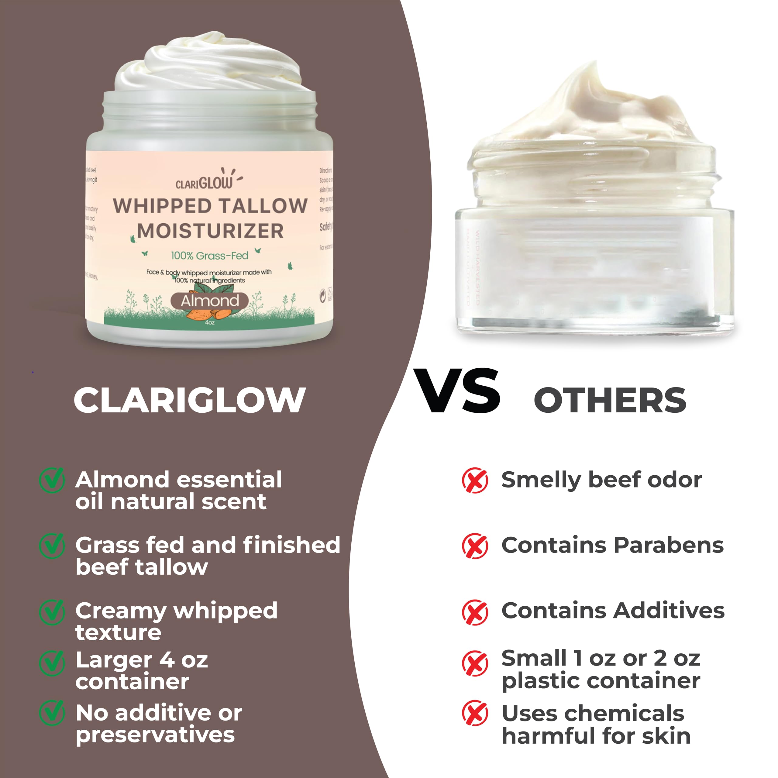 Whipped Beef Tallow Face Moisturizer | 100% Grass Fed Beef Tallow Skin Face Balm Cream | Lotion Balm Body Moisturizer with Honey & Almond | 4 oz | Natural Skin Care