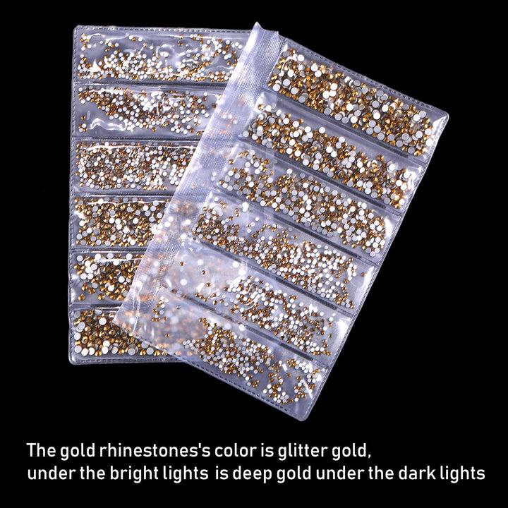 Bememo 3456 Pieces Nail Crystals AB Nail Art Rhinestones Round Beads Flatback Glass Charms Gems Stones, 6 Sizes for Nails Decoration Makeup Clothes Shoes (Gold, Mixed SS4 5 6 8 10 12)