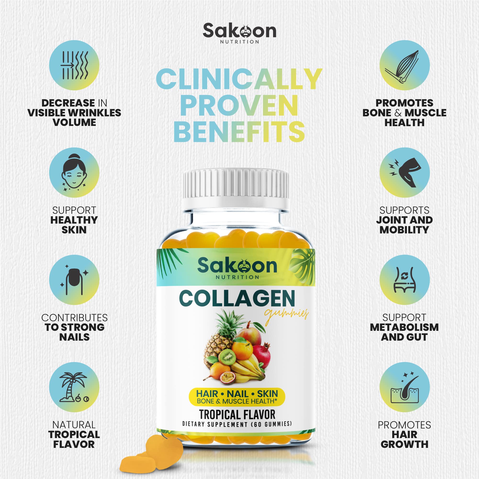 Sakoon nutrition Halal Collagen Gummies for Women and Men - Anti Aging, Hair Growth, Skin Care & Strong Nails Protein Collagen Supplements - Non-GMO, Gluten Free - Made in USA
