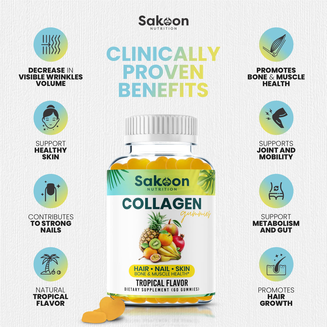 Sakoon nutrition Halal Collagen Gummies for Women and Men - Anti Aging, Hair Growth, Skin Care & Strong Nails Protein Collagen Supplements - Non-GMO, Gluten Free - Made in USA
