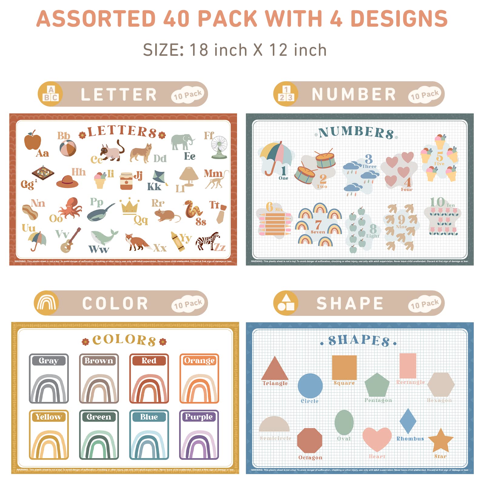 Babebay Disposable Placemats for Baby, 40 Pack Sticky Toddler Placemat for Restaurants, Dining Table, Party, Travel, 12 x 18 with 4 Designs