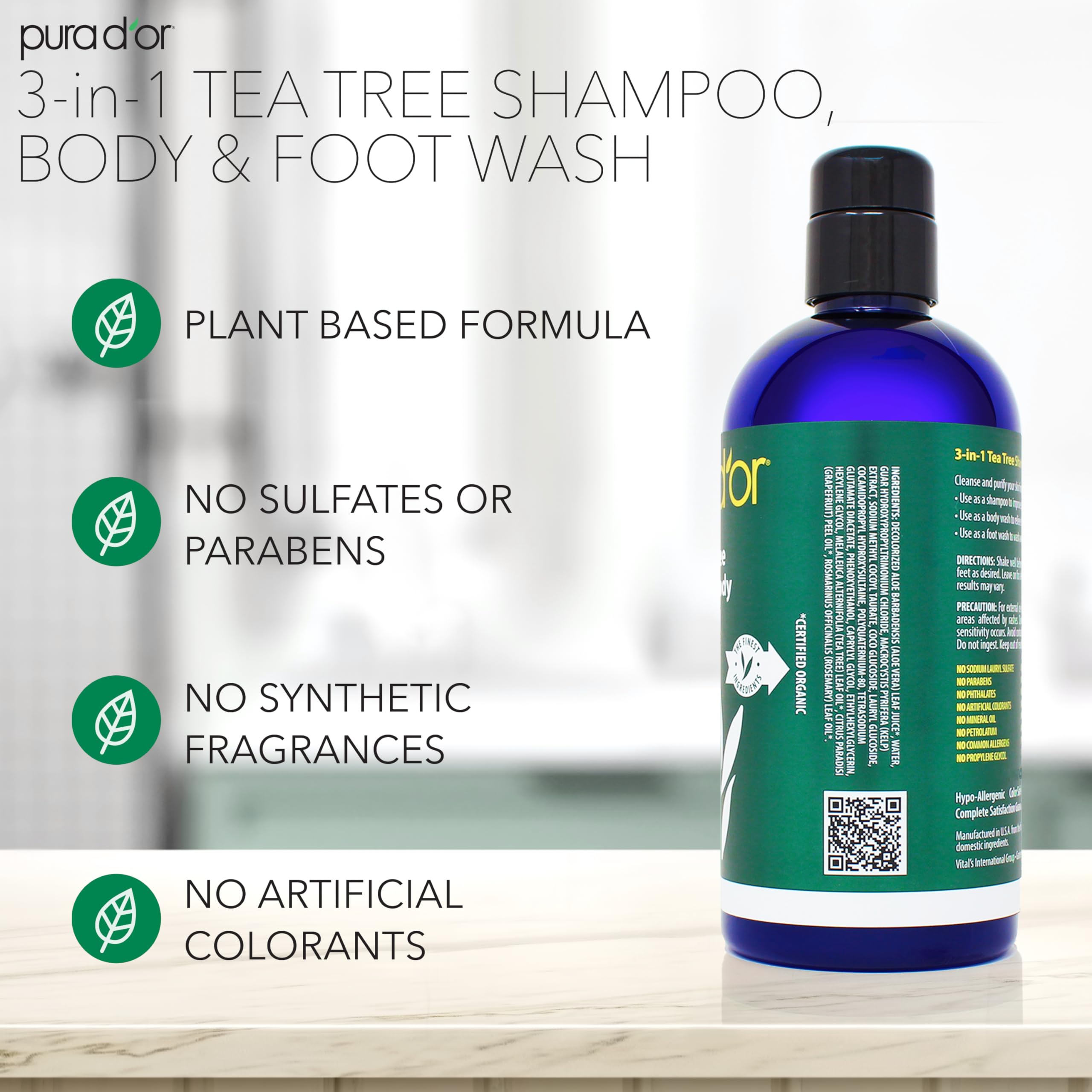 PURA D'OR 16 Oz 3-in-1 Tea Tree Shampoo, Body & Foot Wash, Shampoo - Total Body Care - Foot Odor & Daily Hygiene, Cleansing Routine, Post-Workout Refreshment - Soothes, Invigorates, Nourishes