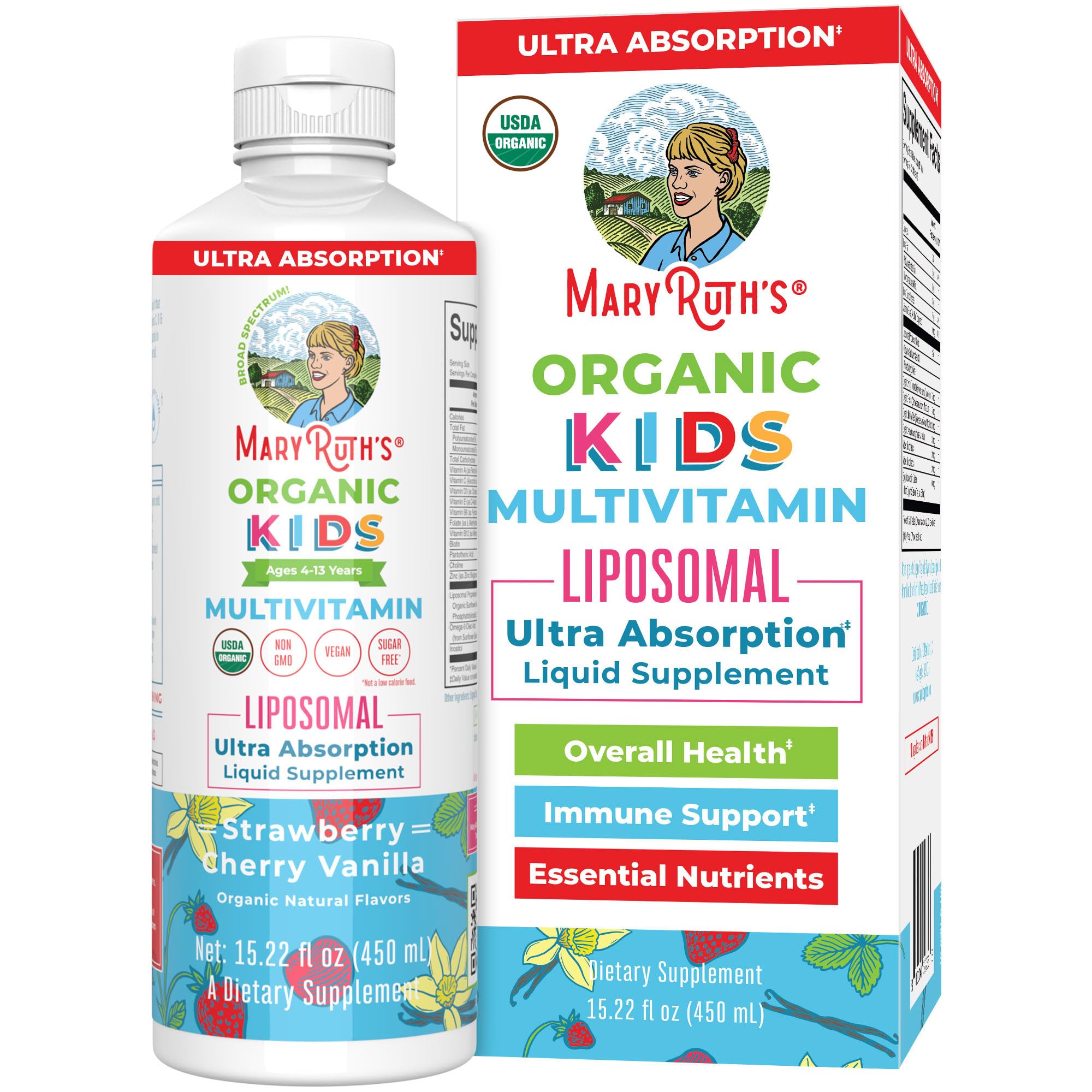 MaryRuth Organics Kids Multivitamin lipsomal | Vegan, Sugar-Free Vitamins for Kids Ages 4 | Childrens Vitamins 1-2 Month Supply | Multivitamin for Kids | Multi | Kids Vitamins | 15.22 Fl Oz