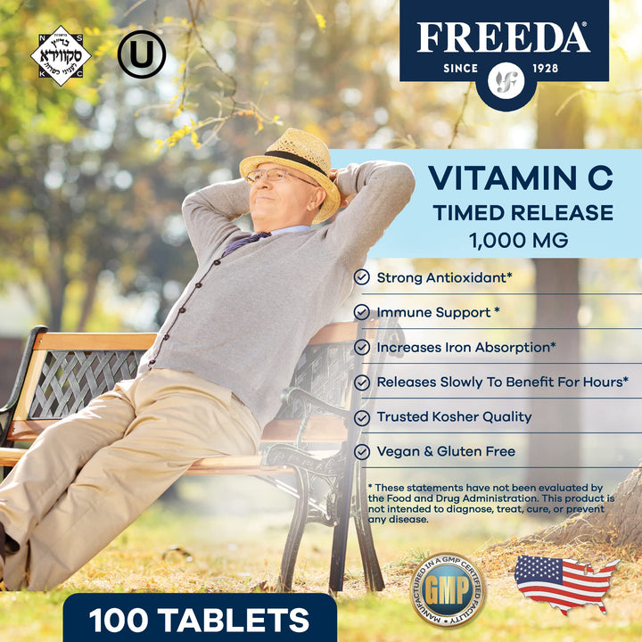 FREEDA Vitamin C - Timed Release Vitamin C 1000mg - Kosher Vegan - Powerful Antioxidant Immune Support - Time Release Vitamin C 1000mg Tablets - Real Vitamin C 1000 mg - VIT C Supplement (250 Ct)