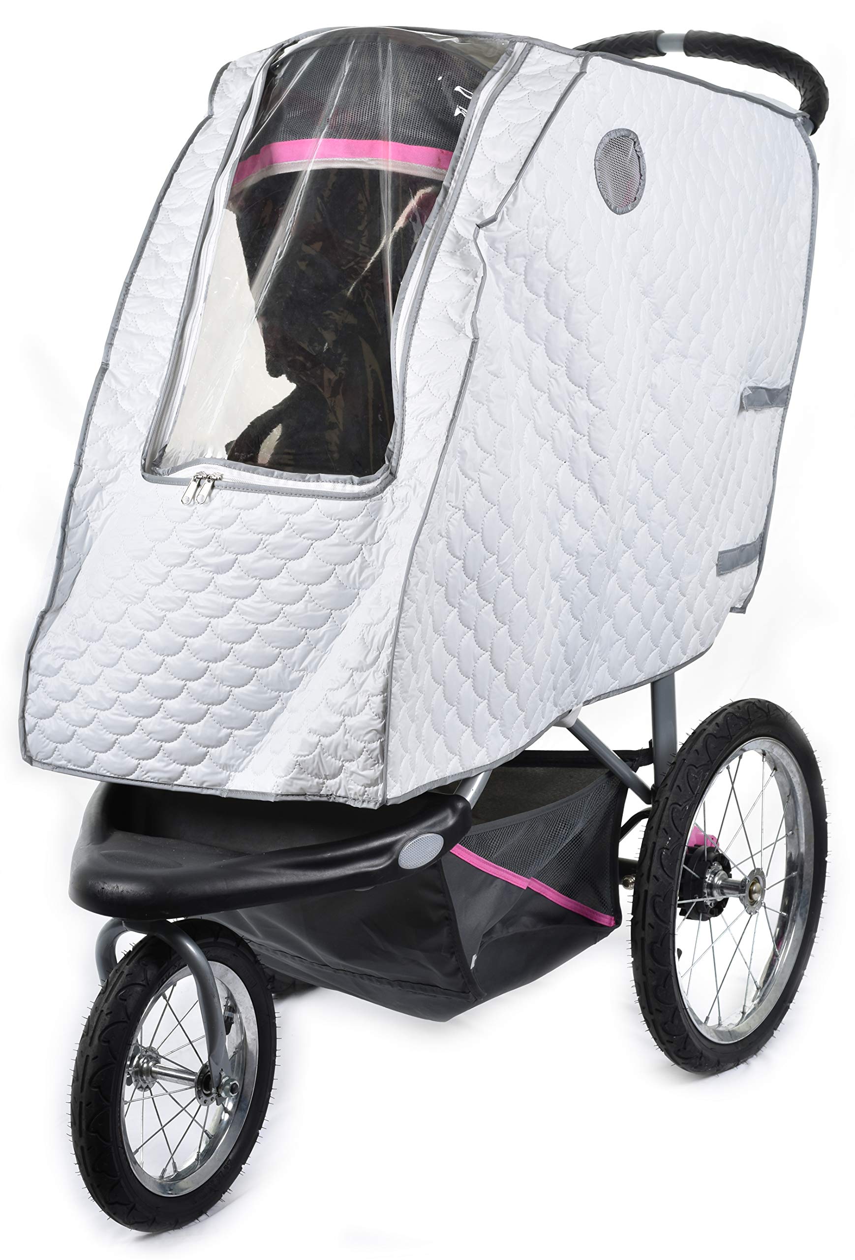 Masirs Baby Stroller Rain Cover - Universal Size, Provides Extra Warmth & Shields Child from Wind & Rain. Mesh Material for Ventilation & Reflective Trimming for Night Visibility. (White, Quilted)