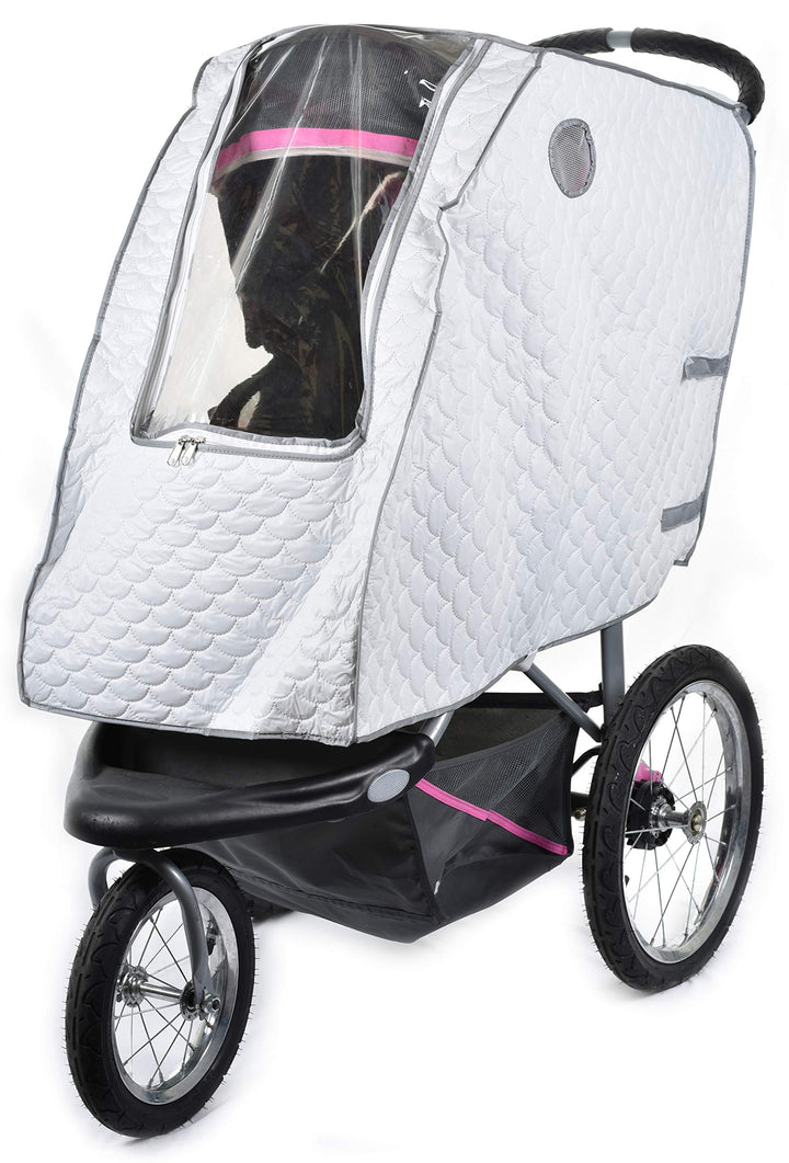 Masirs Baby Stroller Rain Cover - Universal Size, Provides Extra Warmth & Shields Child from Wind & Rain. Mesh Material for Ventilation & Reflective Trimming for Night Visibility. (White, Quilted)