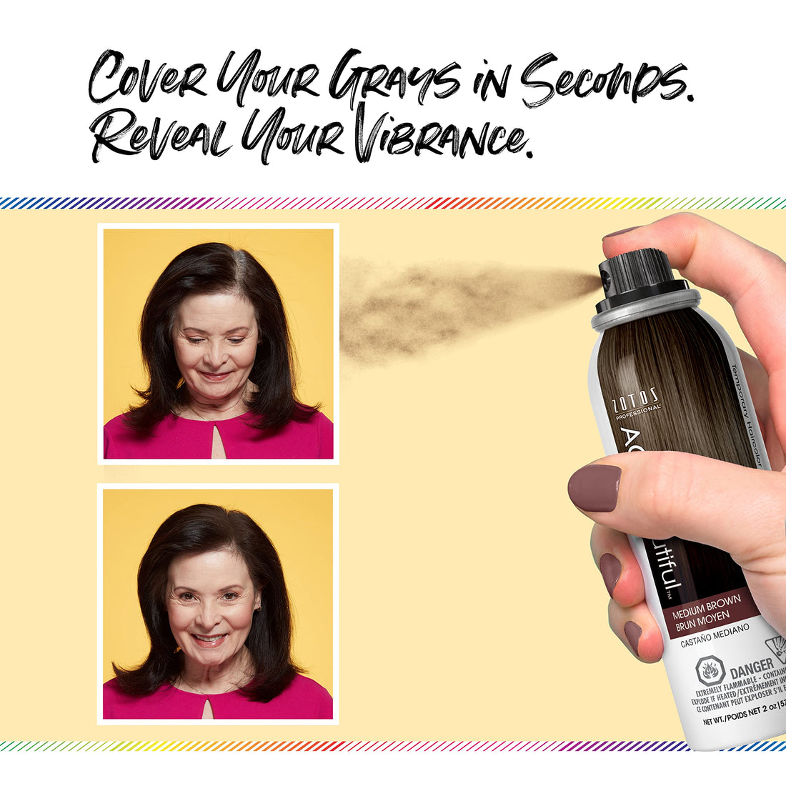 AGE beautiful Root Touch Up Hair Color Spray | Touch-Up Gray Concealer | Temporary Cover Up | Adds Volume & Covers Thinning Patches | Water, Sweat, Stain Resistant | Darkest Brown | 2 Oz