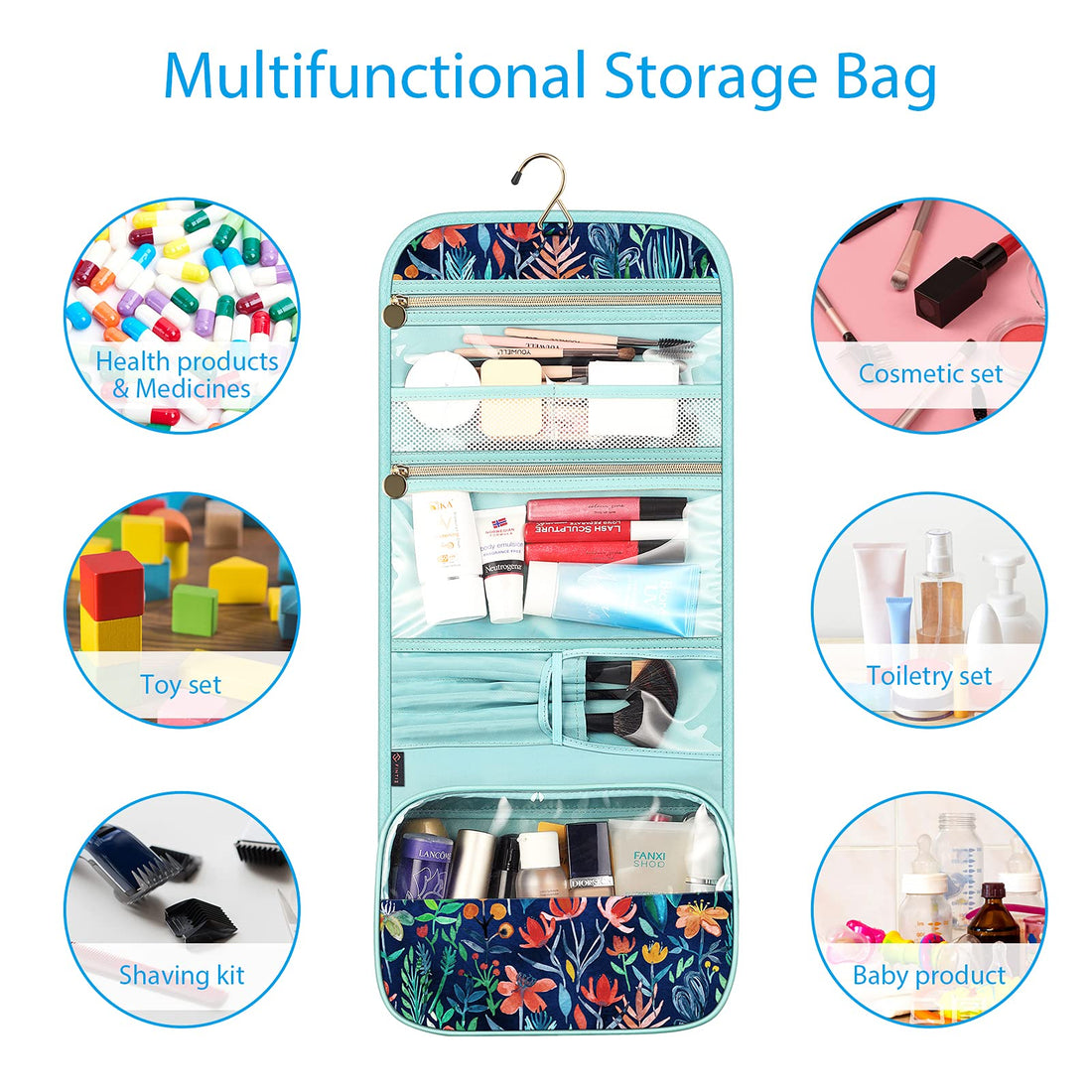 Fintie Portable Toiletry Cosmetic Travel Bag, Large Water Resistant Hanging Makeup Organizer Storage Pouch Case for Women Girls (Jungle Night)