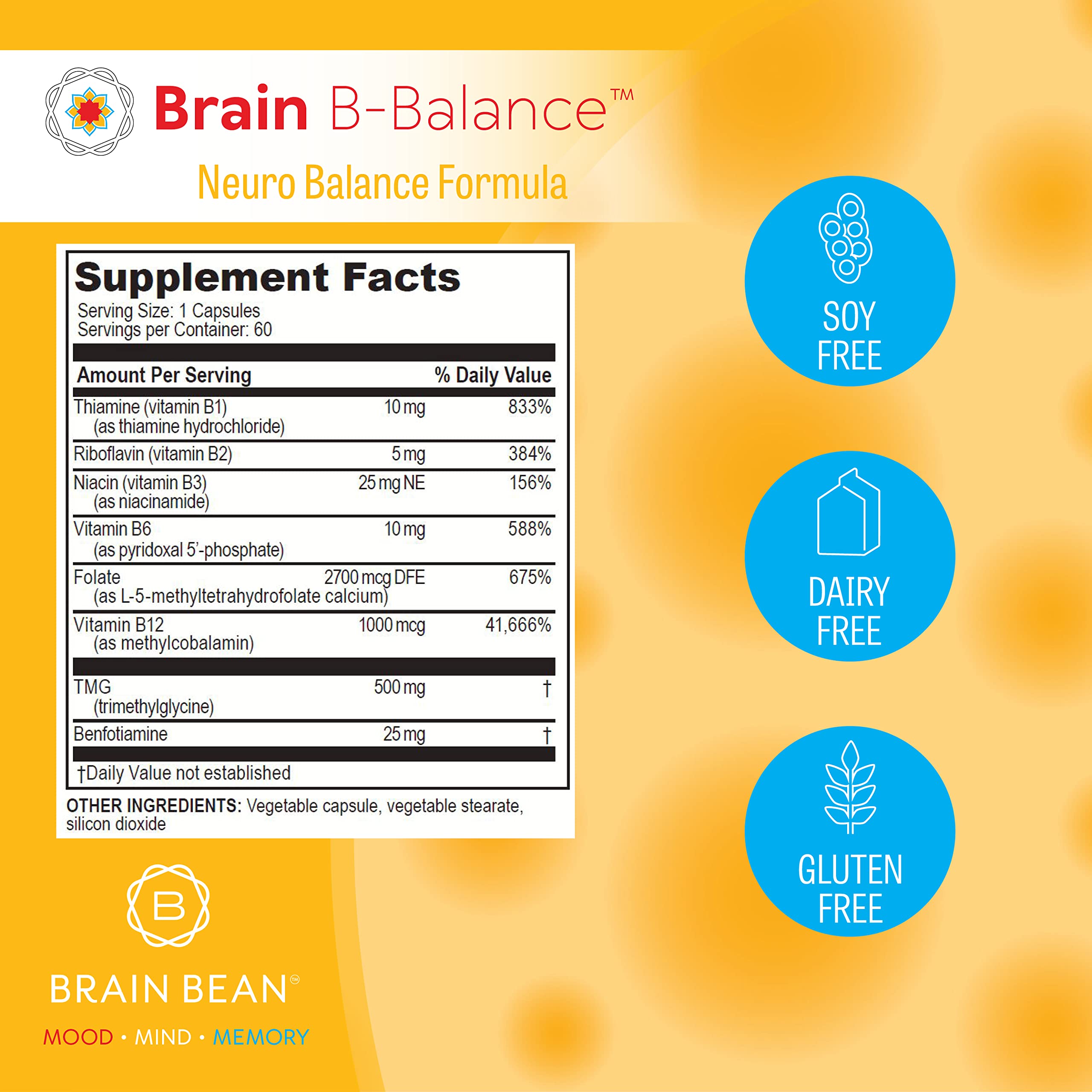 Brain B Balance: Methylated Multivitamin - Methylated B Complex Neurobalance Formula - Methylfolate Supports Mood.Mind.Memory - 60 Vegan Capsules